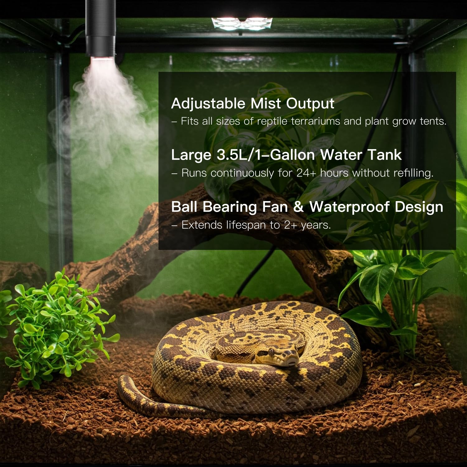 ReptiKing Reptile Fogger adjustable fog output tailored for small tanks or large grow tents.