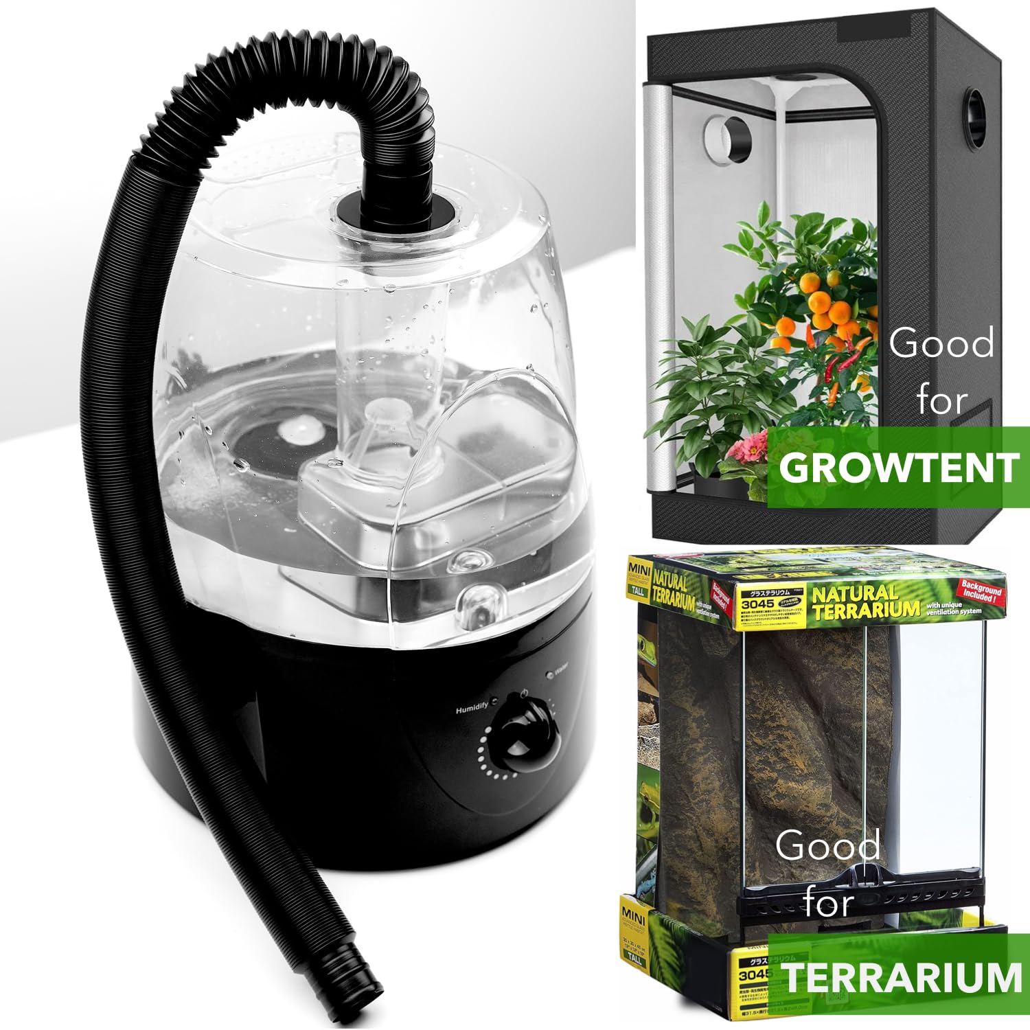 ReptiKing Reptile Fogger ultrasonic mist provides quiet humidity in active reptile habitats.