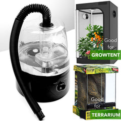 ReptiKing Reptile Fogger ultrasonic mist provides quiet humidity in active reptile habitats.