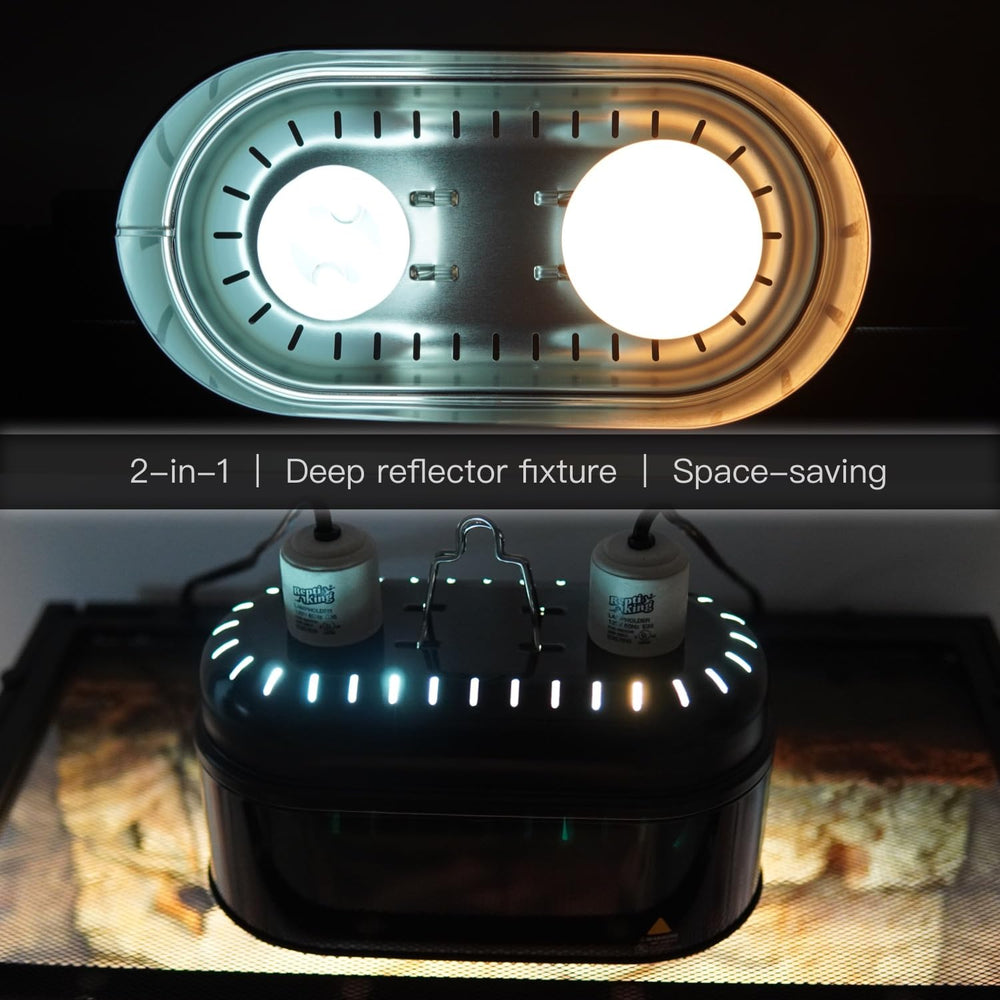 ReptiKing universal bulb compatibility supports Daylight, UVB, and Mercury vapor bulbs in one fixture.