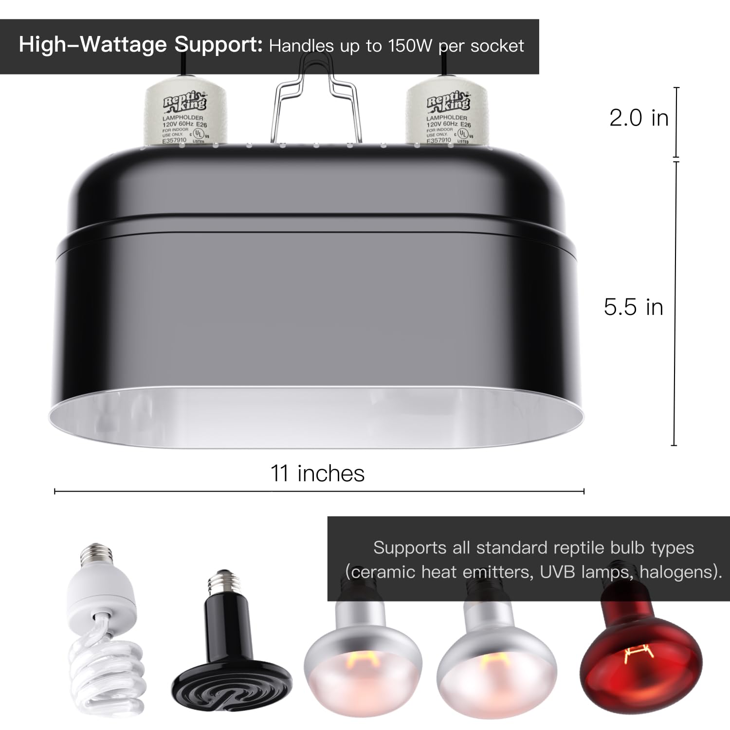 ReptiKing UVB output enhanced by deep reflector for better light distribution in enclosures.