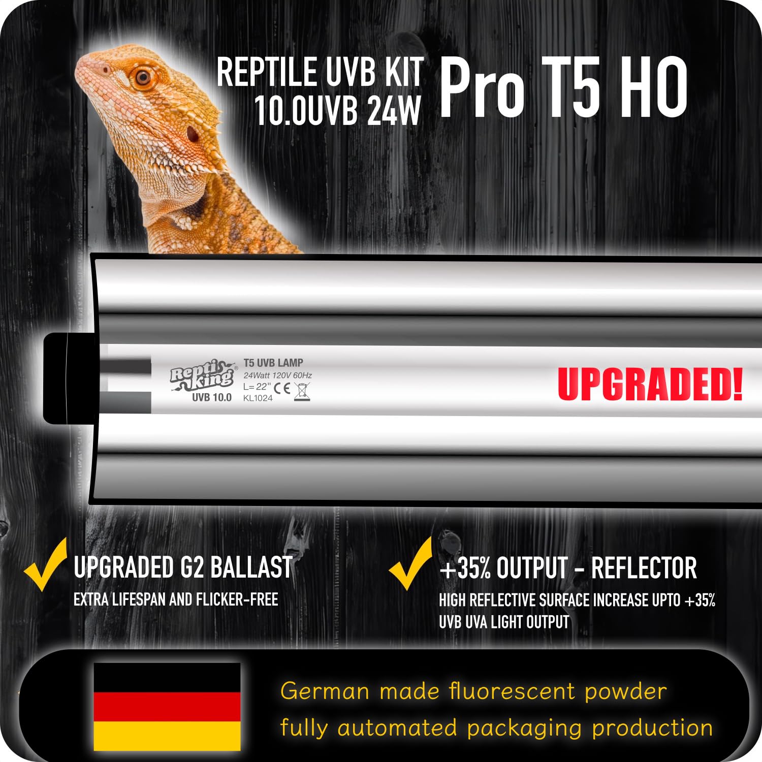ReptiKing UVB T5 tube 24W provides strong UVB output for desert-dwelling reptiles.