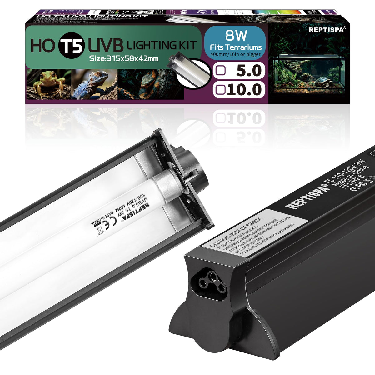 Reptispa T5 HO UVB kit overview demonstrates compact, all-in-one lighting for healthier reptile environments.