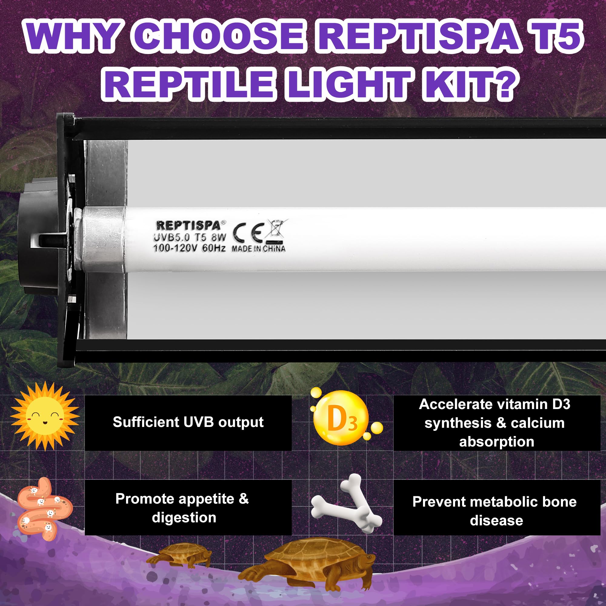 Reptispa tropical-rainforest-use image illustrates 5.0 UVB suitable for rainforest reptiles.