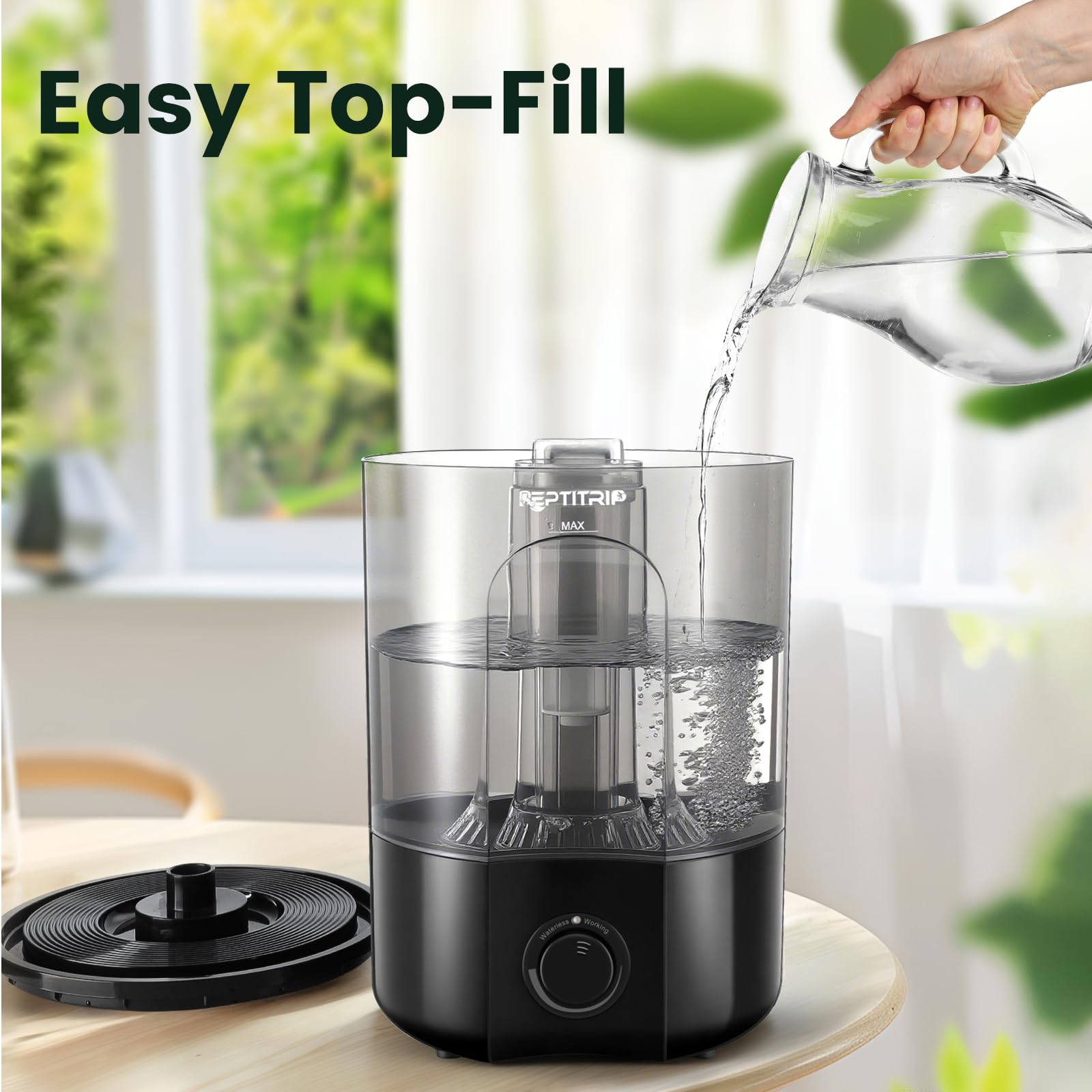 REPTITRIP 1-gallon reservoir sustains humidity for days, reducing refills.