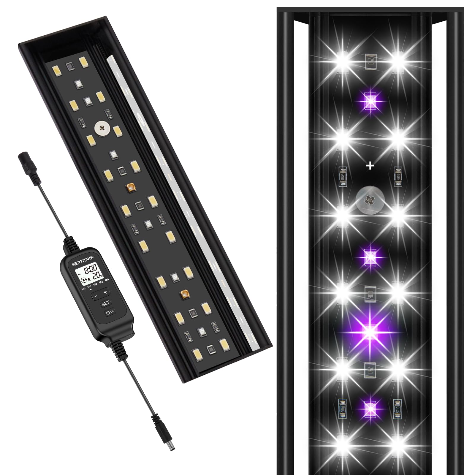 REPTITRIP 8-inch LED UVB light mounted on tank mesh for reptile lighting