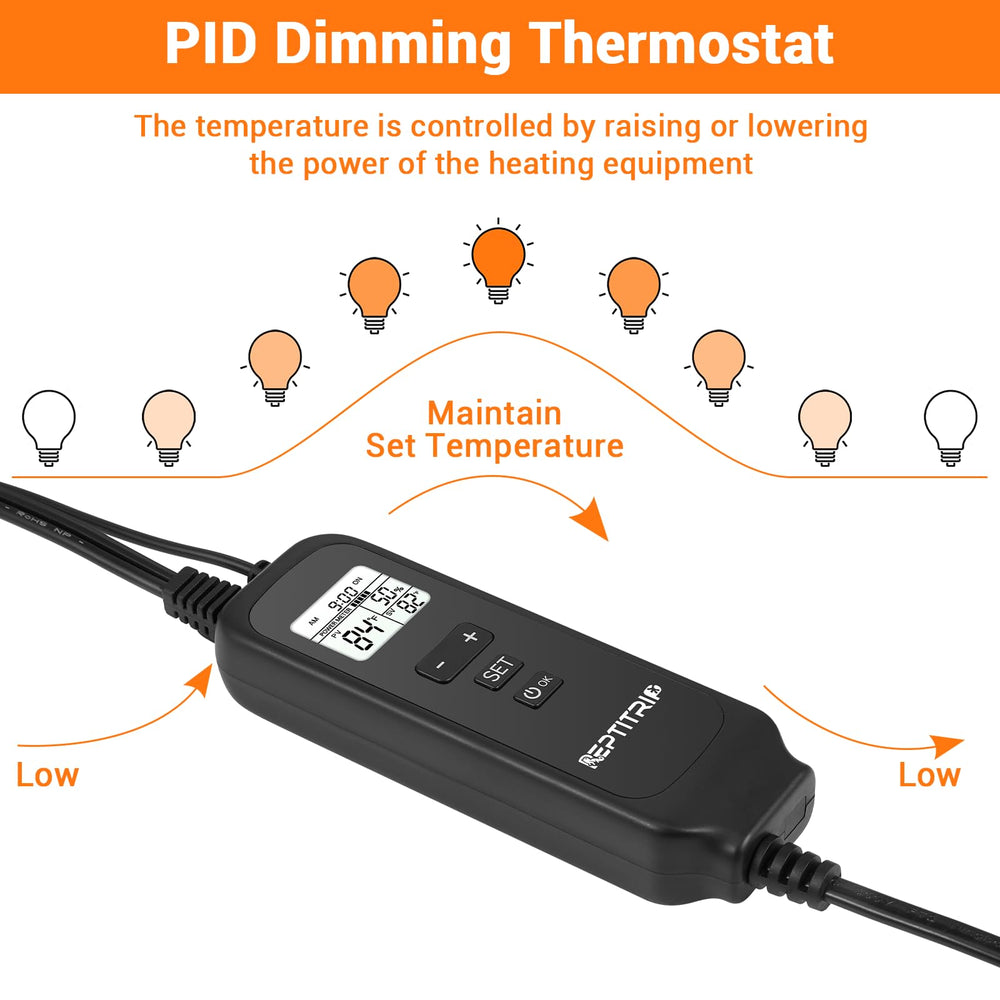 REPTITRIP Dimming Thermostat mounting with suction cup offers flexible enclosure placement.