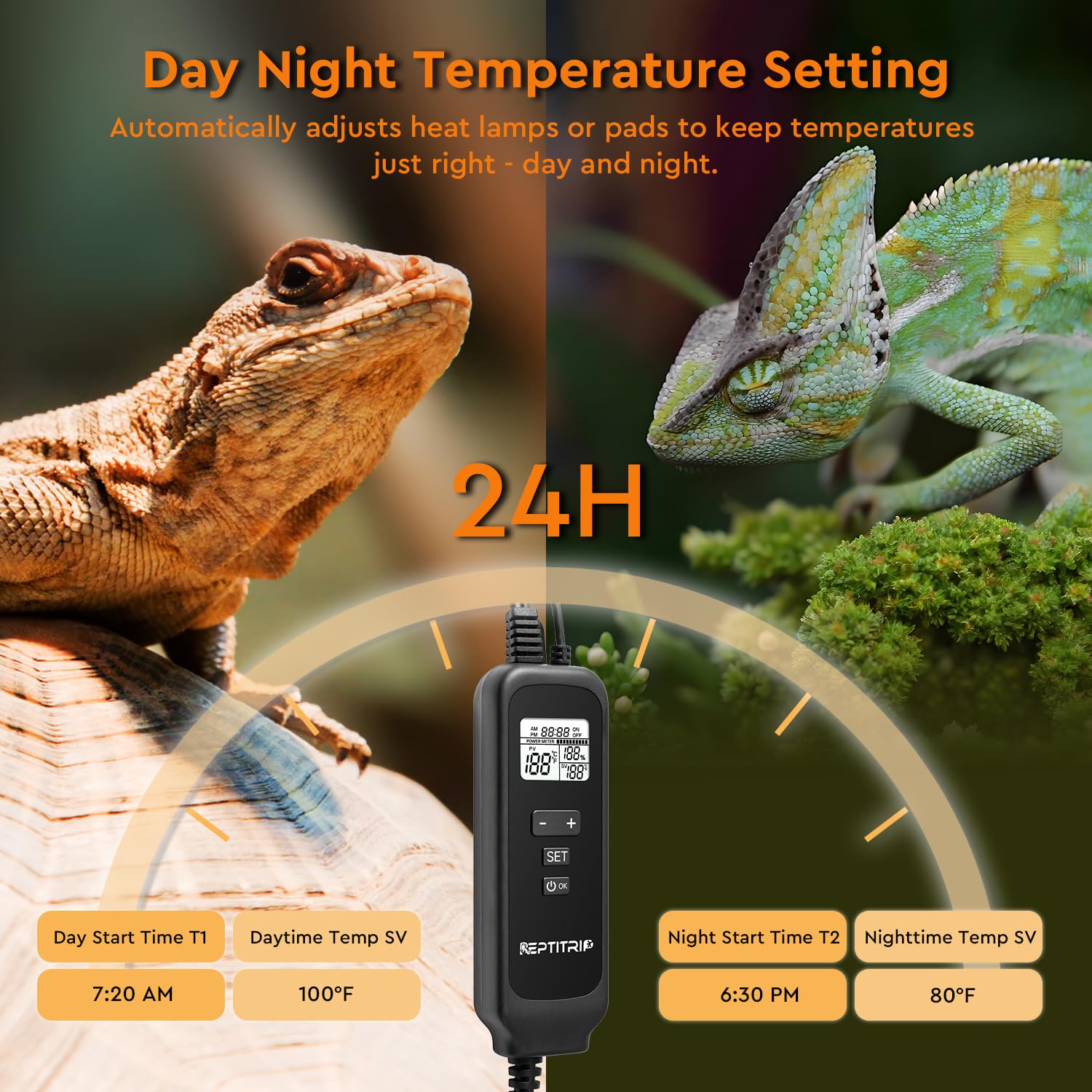 REPTITRIP Dimming Thermostat probe-placement highlights sensor in basking zone for accuracy.