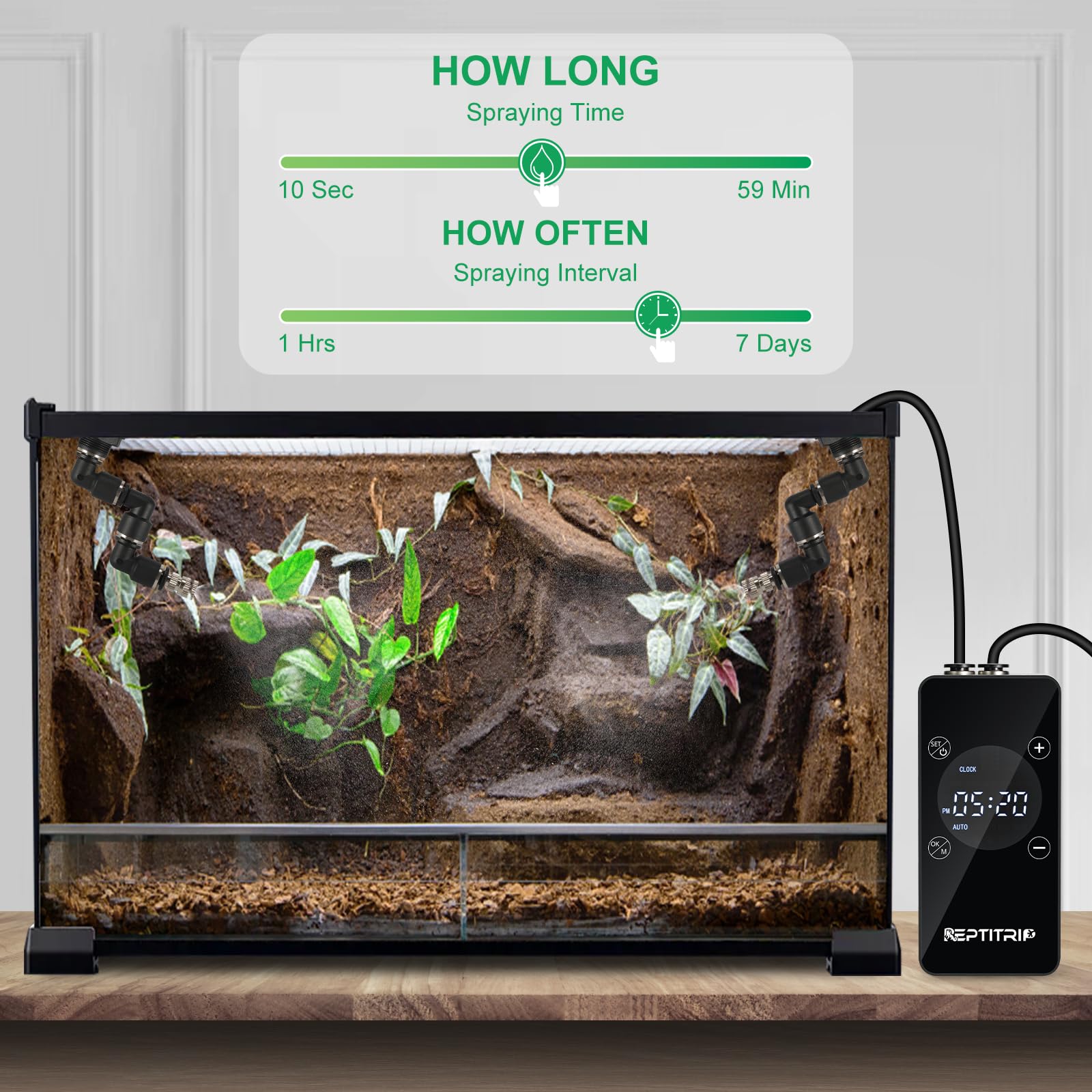 REPTITRIP reptile mister setup easy install shows quick mounting with suction cups.