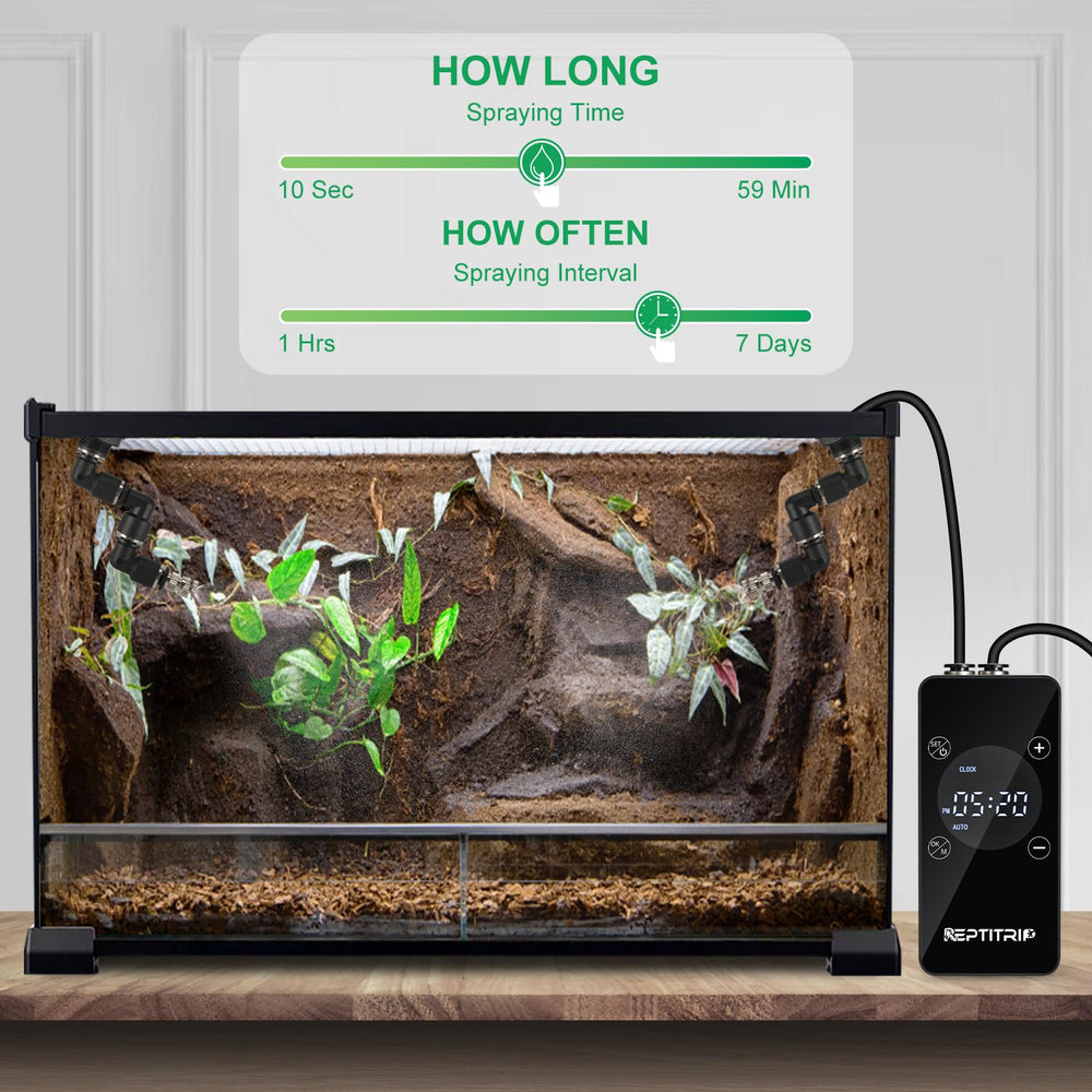 REPTITRIP reptile mister setup easy install shows quick mounting with suction cups.