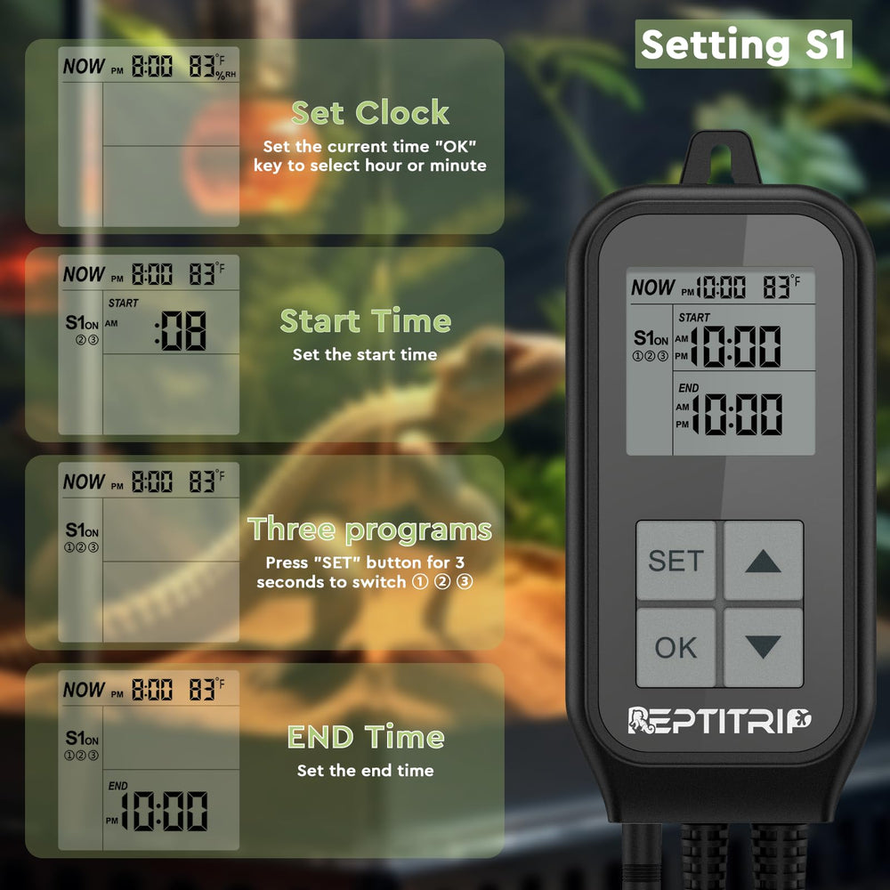 REPTITRIP socket-1 timing-on-off demonstrates automated lighting and heating.
