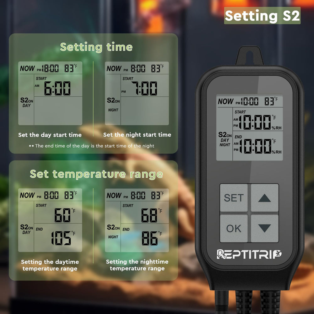 REPTITRIP socket-2 temperature-control enables day-night temperature shifts for reptiles.