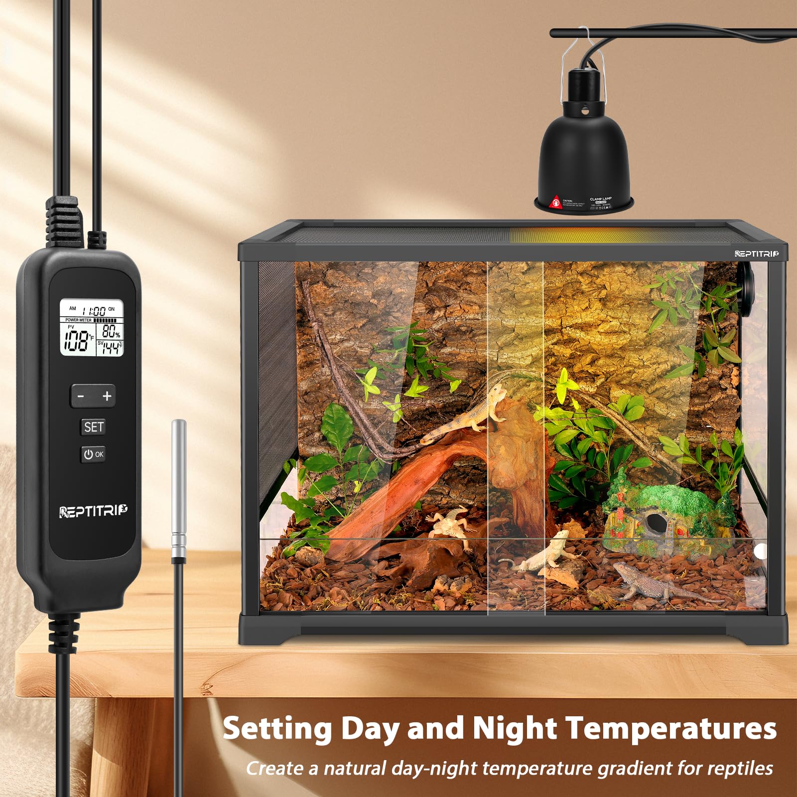 REPTITRIP PID-controlled thermostat ensures stable temperatures with minimal bulb wear