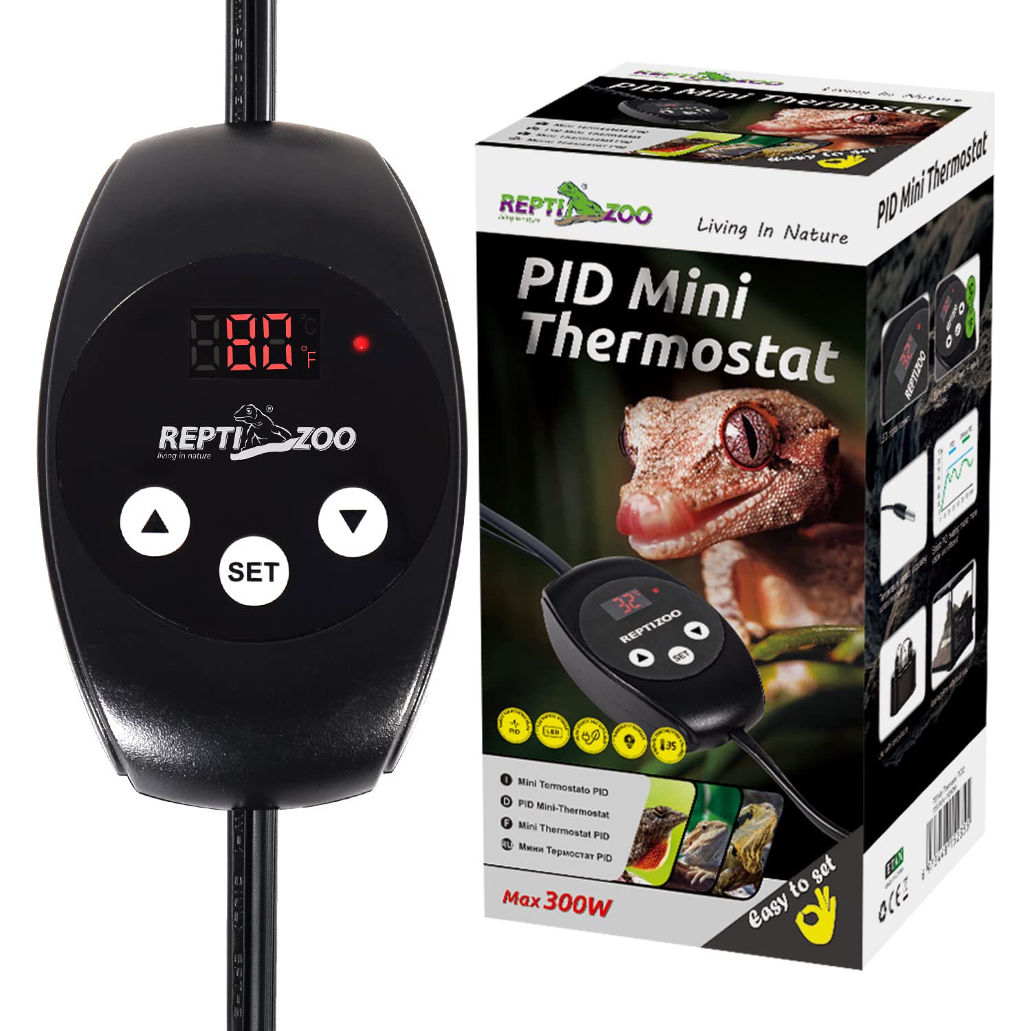 REPTIZOO dimming thermostat top view showing precise temperature control for reptile setups