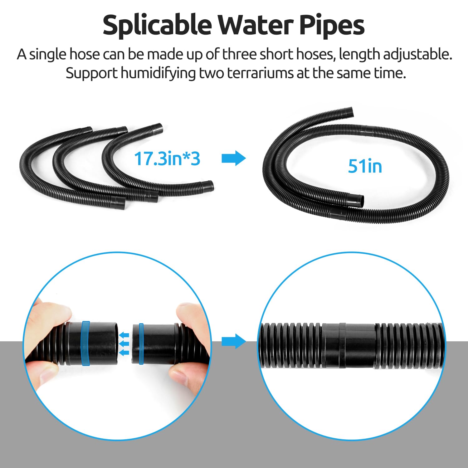 REPTIZOO extension tubes show white and black lengths for customizable setups.