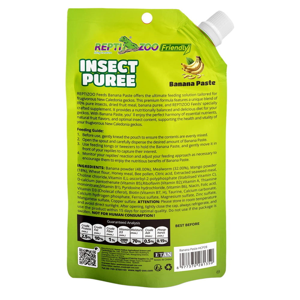 REPTIZOO FRIENDLY banana puree texture closeup highlights smooth consistency for precise portions.