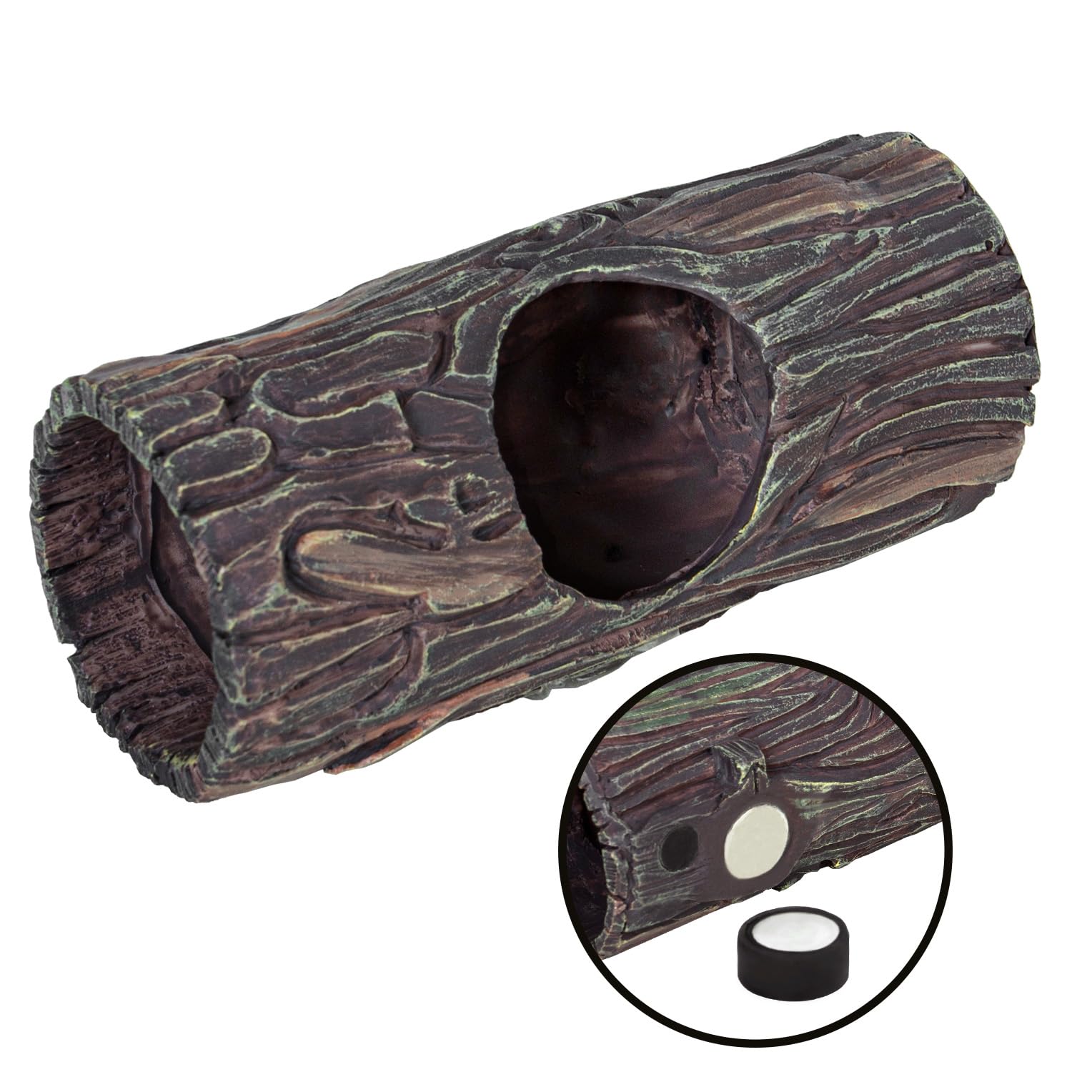 REPTIZOO magnetic hide attaches securely to glass terrariums with adjustable position.