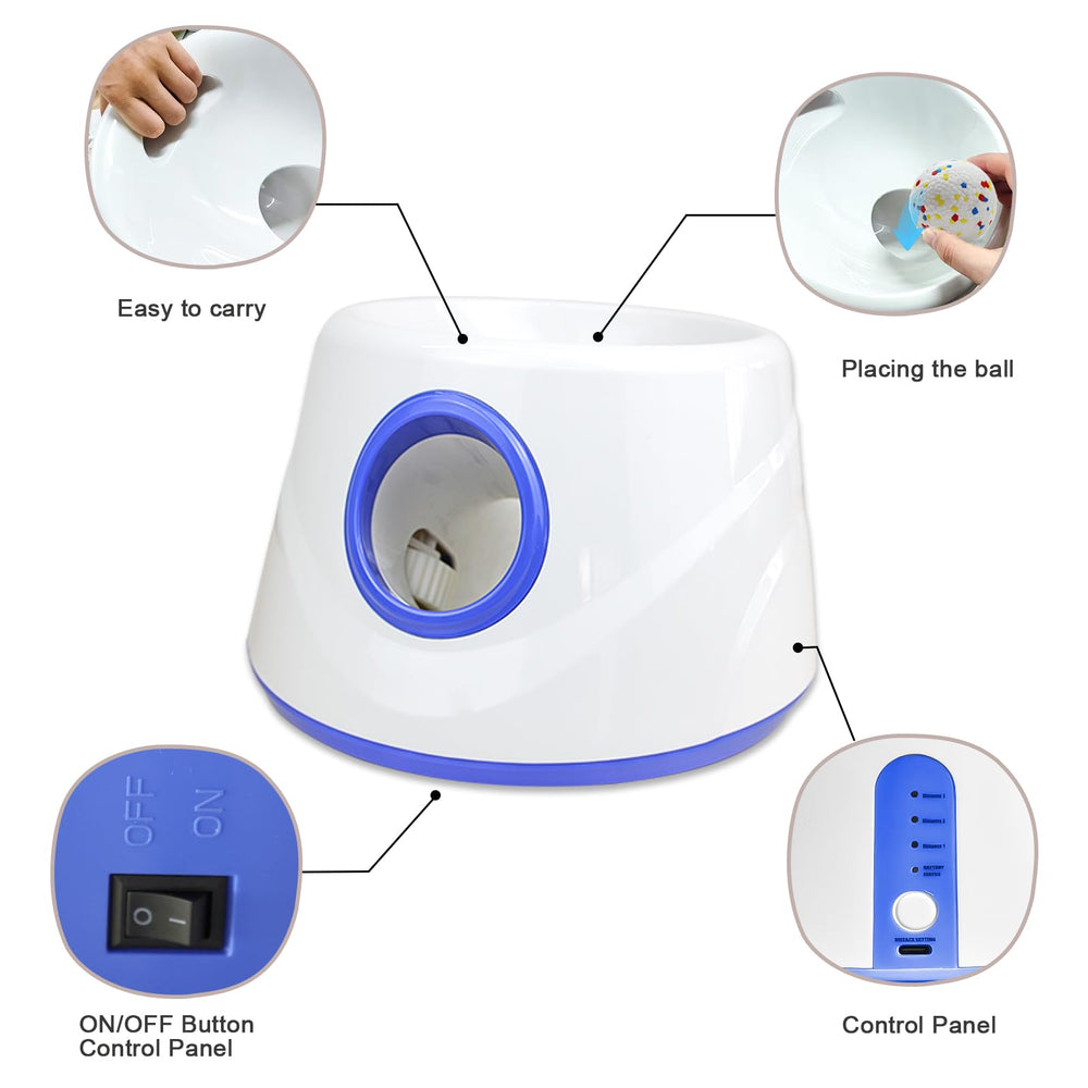 RERBIO Dog Ball Launcher shows three balls included for continuous play.
