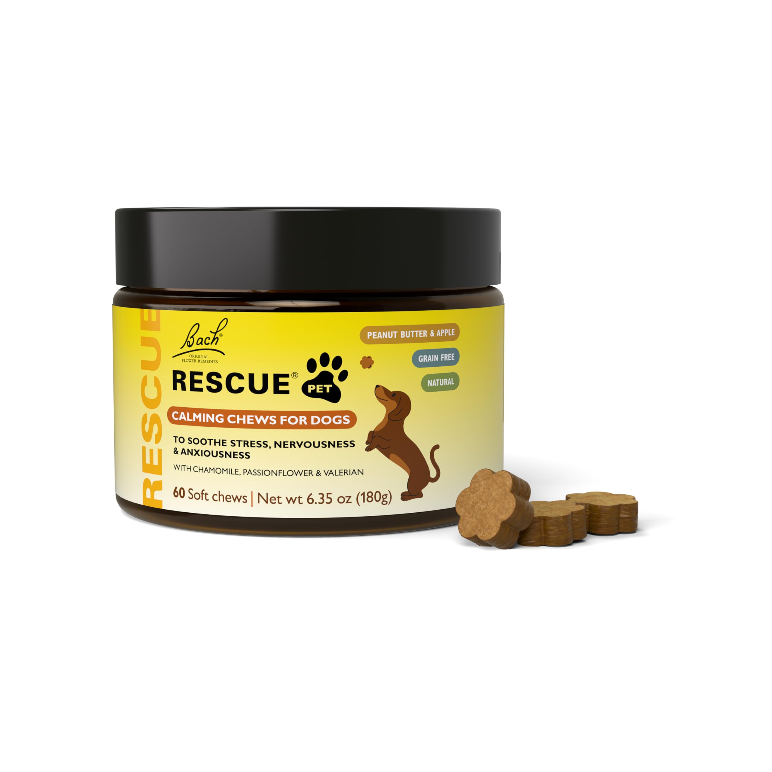 RESCUE Pet Chews for Dogs bottle shows 60 soft chews offering gentle calming support.