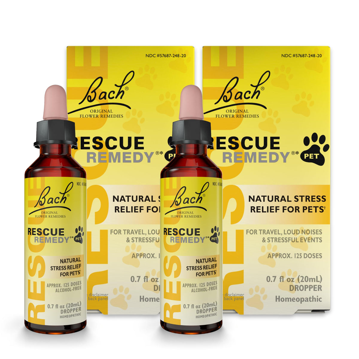 RESCUE Remedy Pet Dropper pack of 2 bottles for convenient daily stress support.