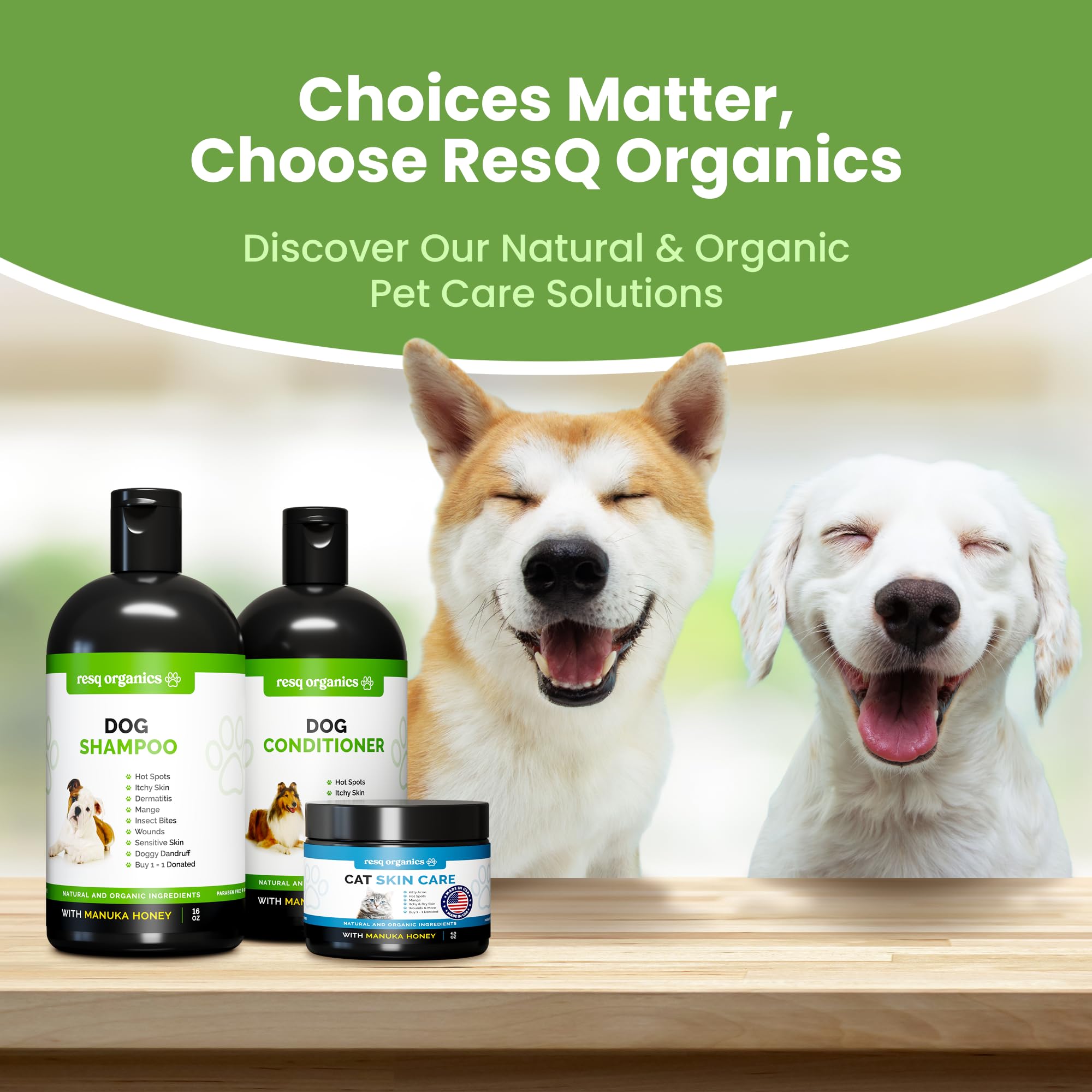ResQ Organics all-pets-skin-care is suitable for puppies, cats, and horses.