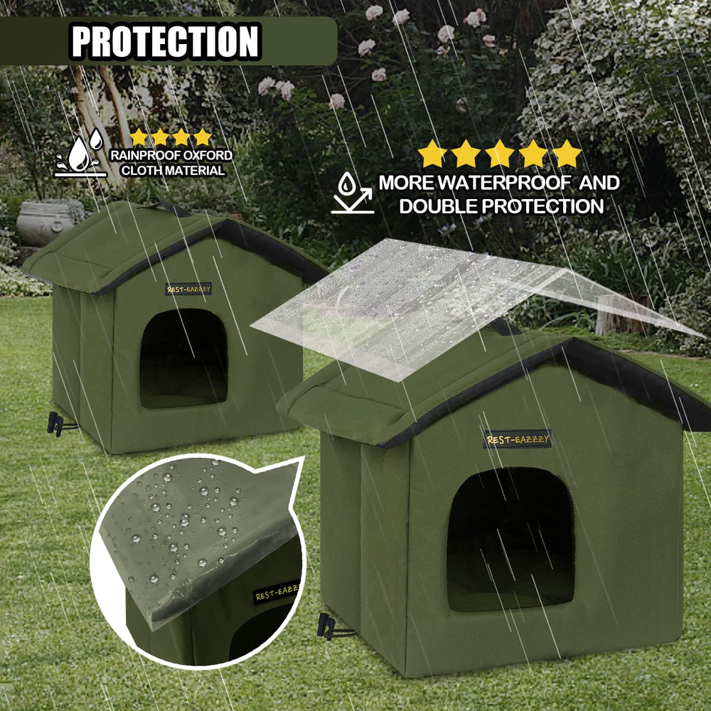 Rest-Eazzzy canopy waterproof cover highlights rain protection for outdoor cat shelter.