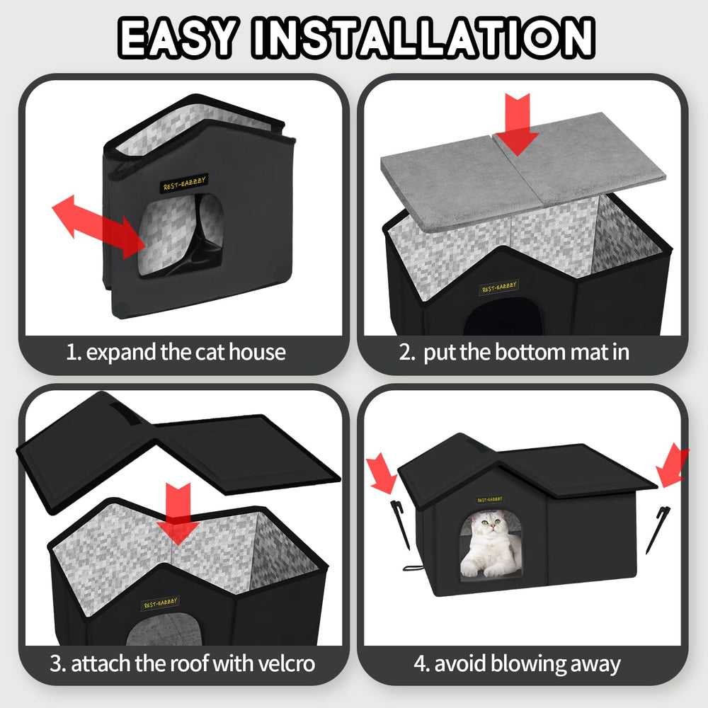 Rest-Eazzzy cat house black weatherproof exterior—durable outdoor shelter