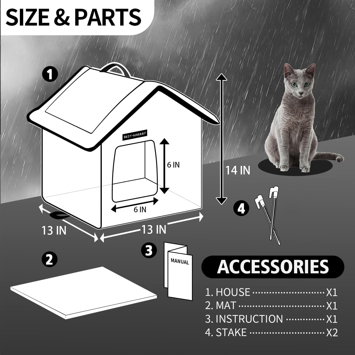 Rest-Eazzzy cat house dimensions 13x13x14 indicate compact outdoor footprint