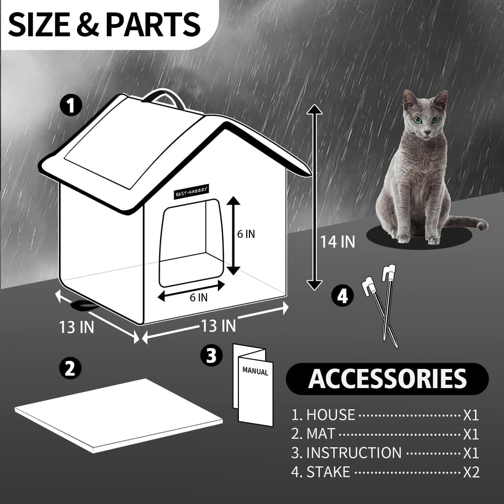 Rest-Eazzzy cat house dimensions 13x13x14 indicate compact outdoor footprint