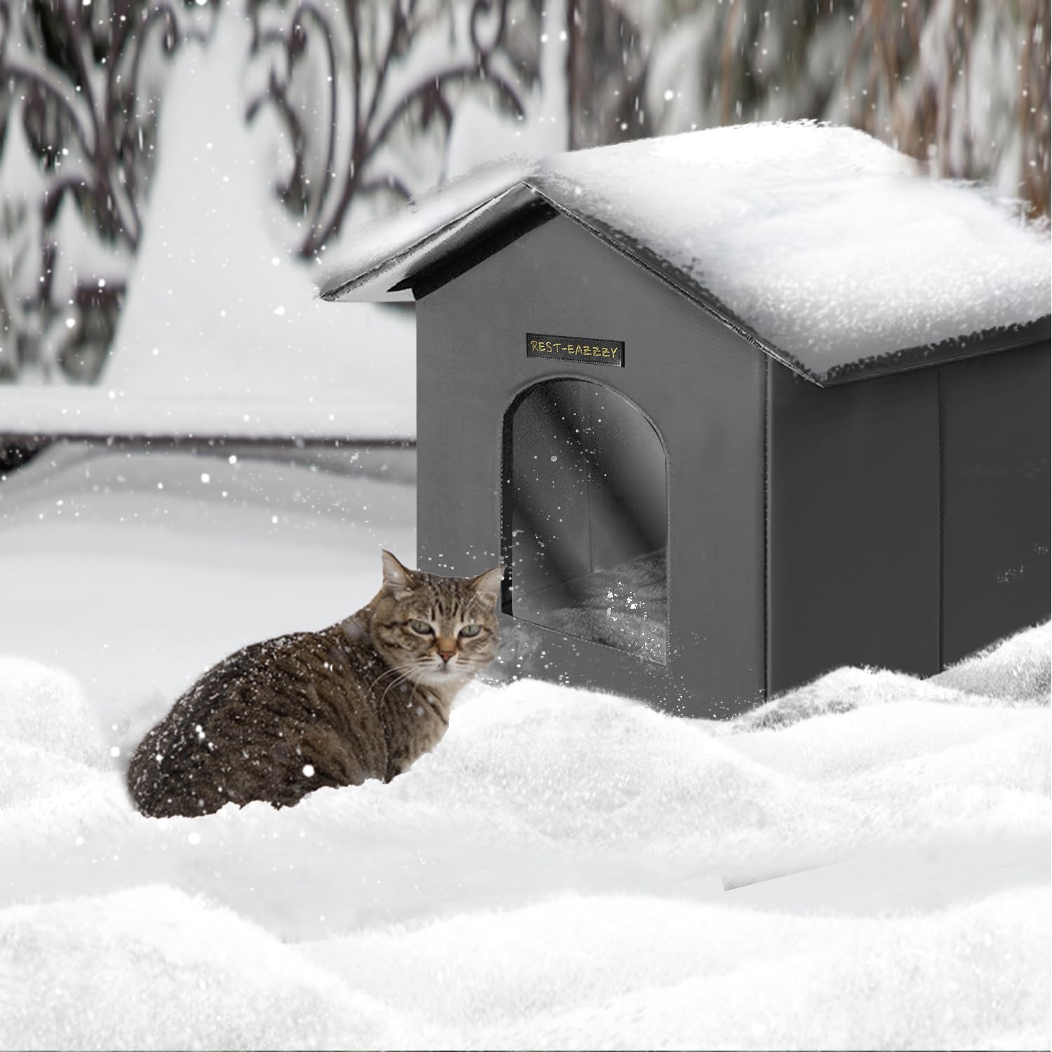 Rest-Eazzzy cat house outdoor use demonstrates weatherproof shelter protecting from wind and rain