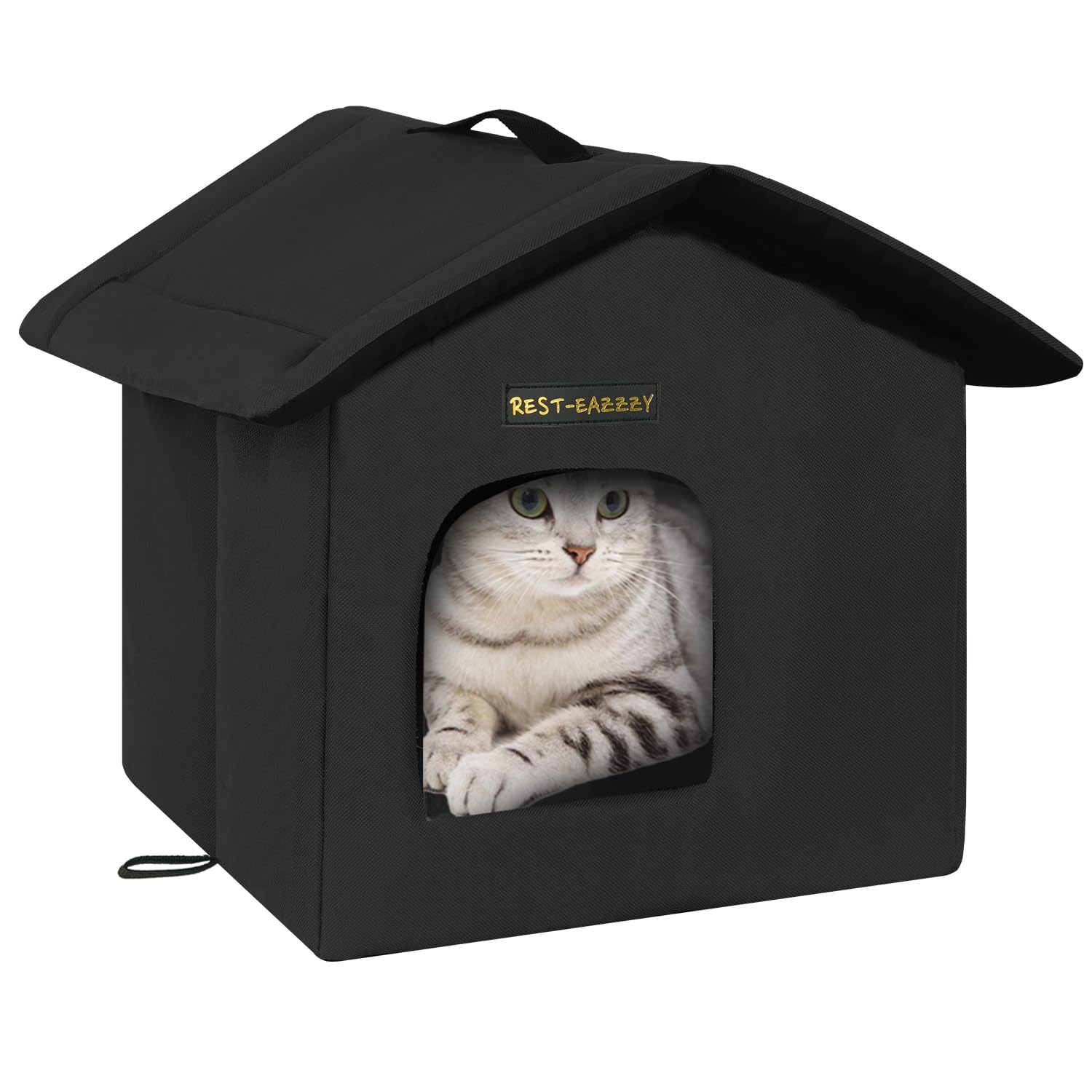 Rest-Eazzzy cat house outdoor view shows weatherproof shelter for feral cats