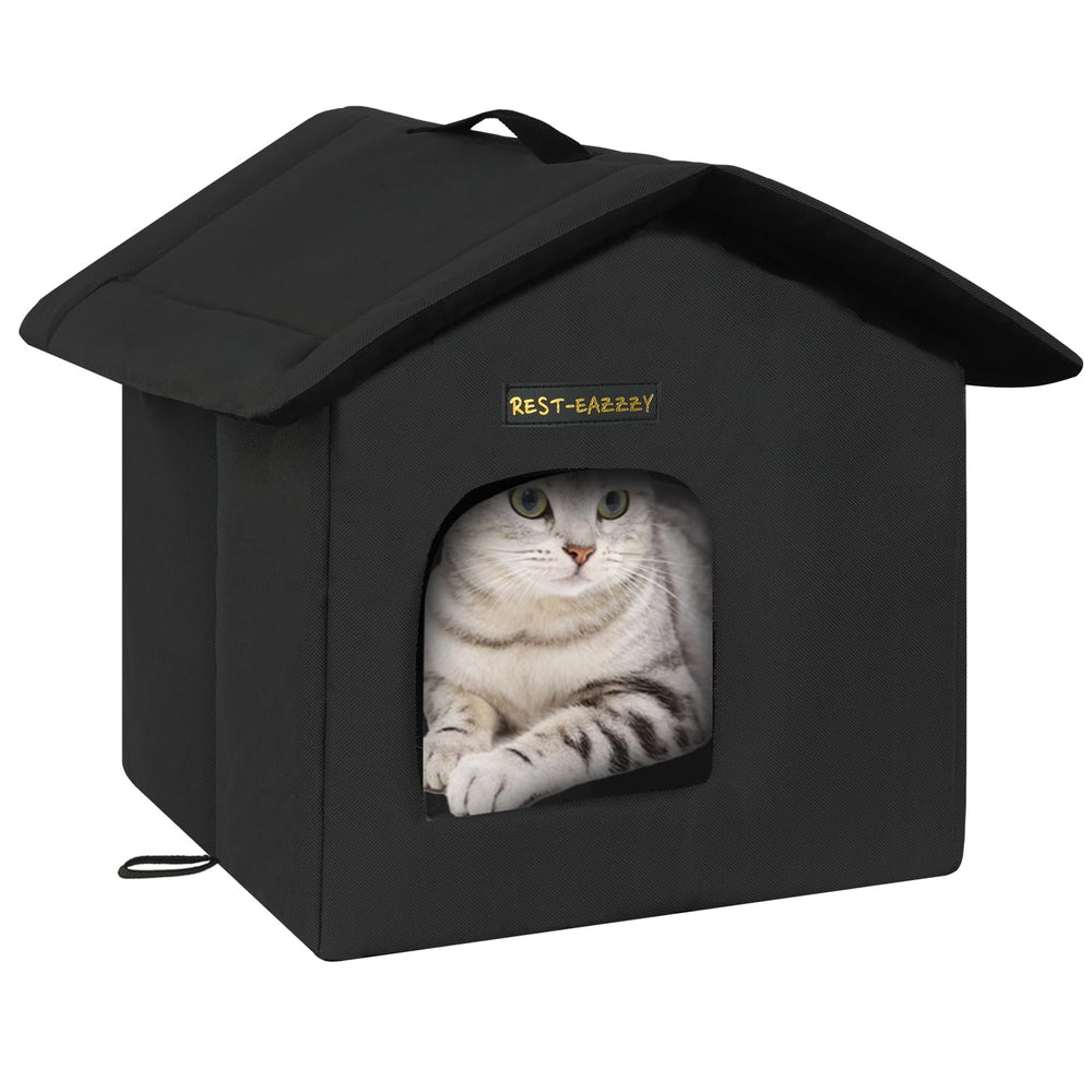 Rest-Eazzzy cat house outdoor view shows weatherproof shelter for feral cats