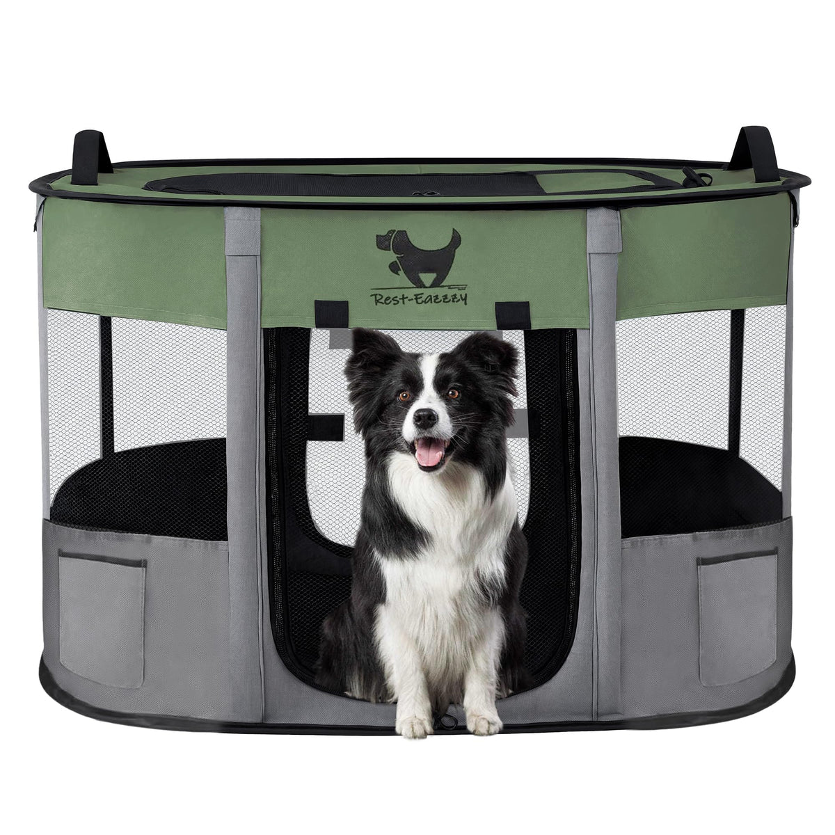 Rest-Eazzzy dog playpen front view highlights quick setup and sturdy design for outdoors.