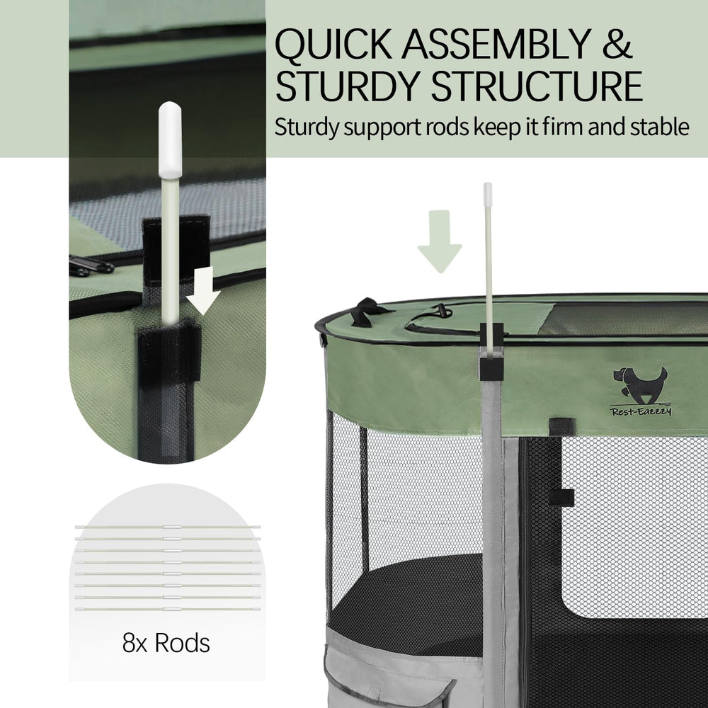 Rest-Eazzzy foldable dog pen setup green demonstrates instant, tool-free assembly.
