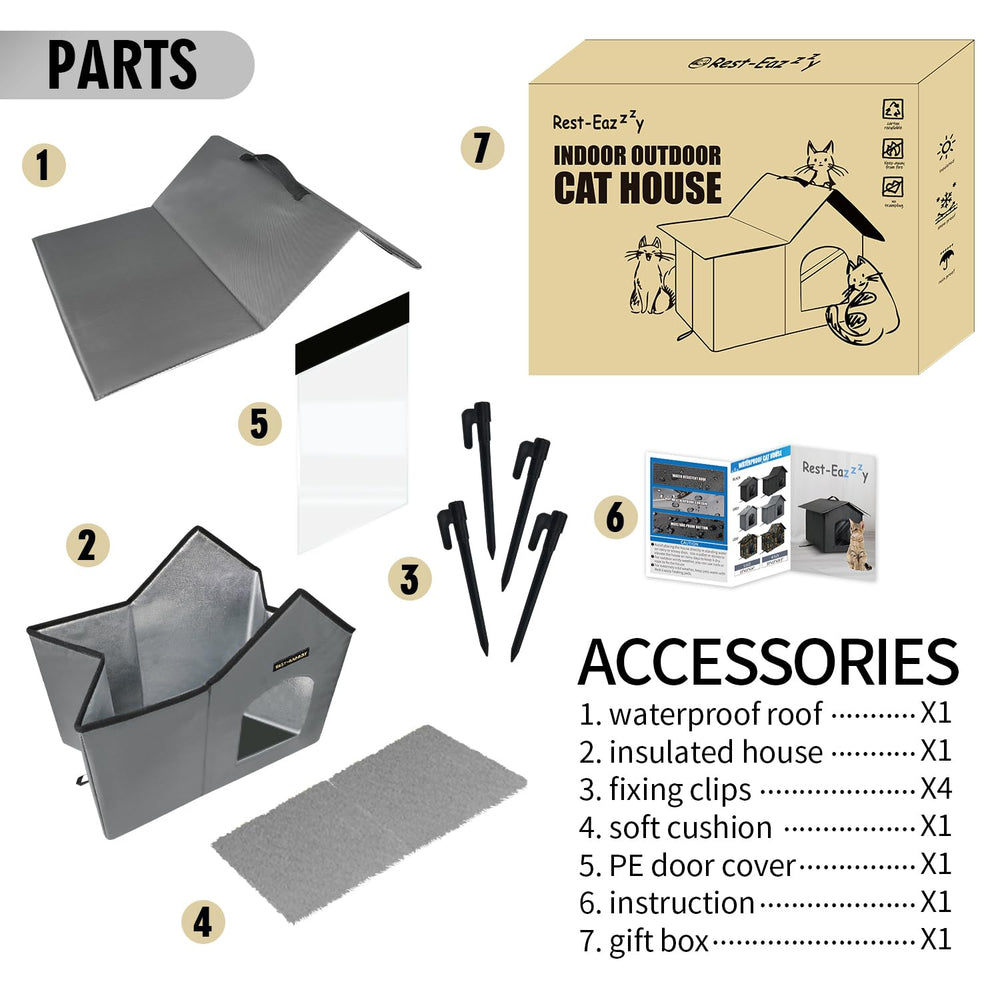 Rest-Eazzzy outdoor cat house easy assembly shown for quick setup.