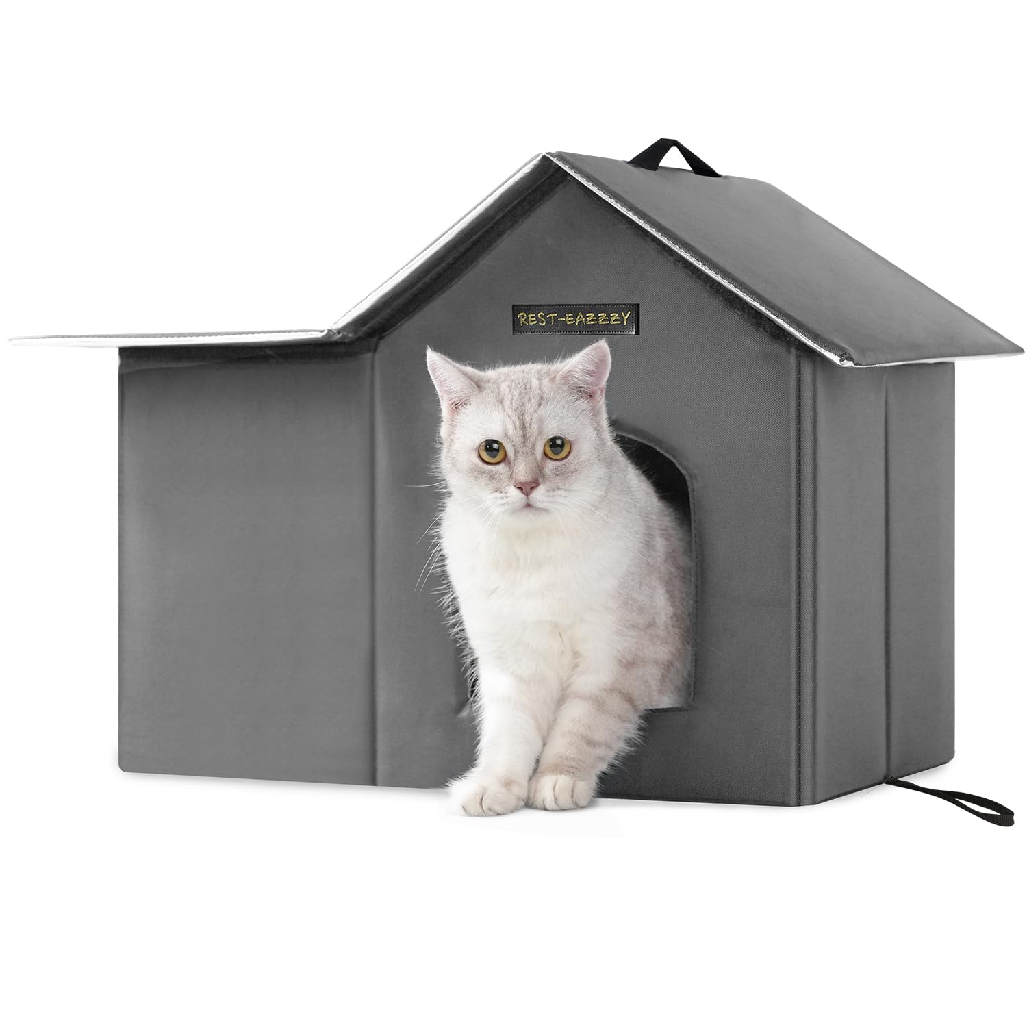 Rest-Eazzzy outdoor cat house front view showing weatherproof shelter for outdoor cats.