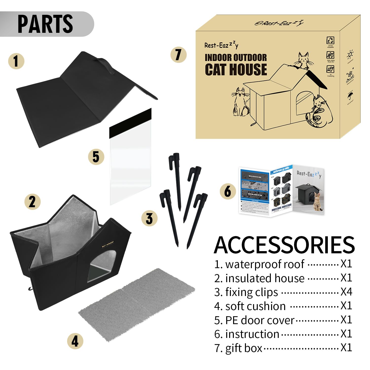Rest-Eazzzy outdoor cat house packaging and assembly image shows easy setup