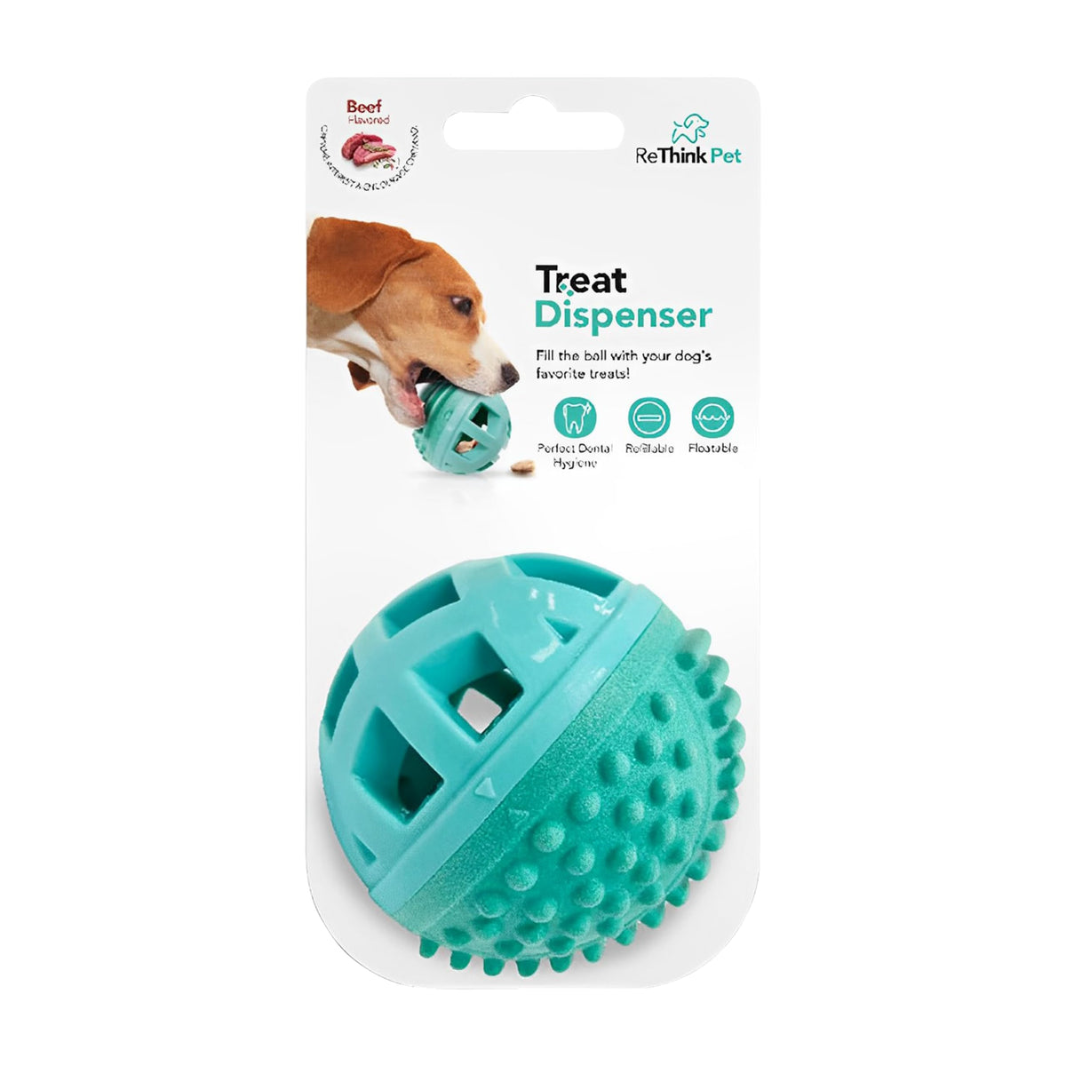 ReThink Pet treat dispenser ball toy closeup highlighting durable chew-ready design for mental play
