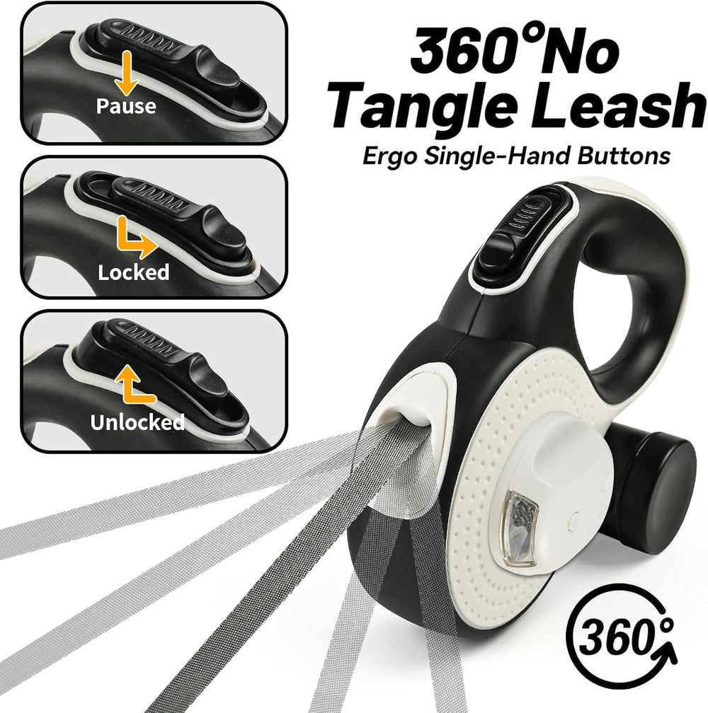 Retractable dog leash 360-degree rotation prevents tangling during outdoor adventures.