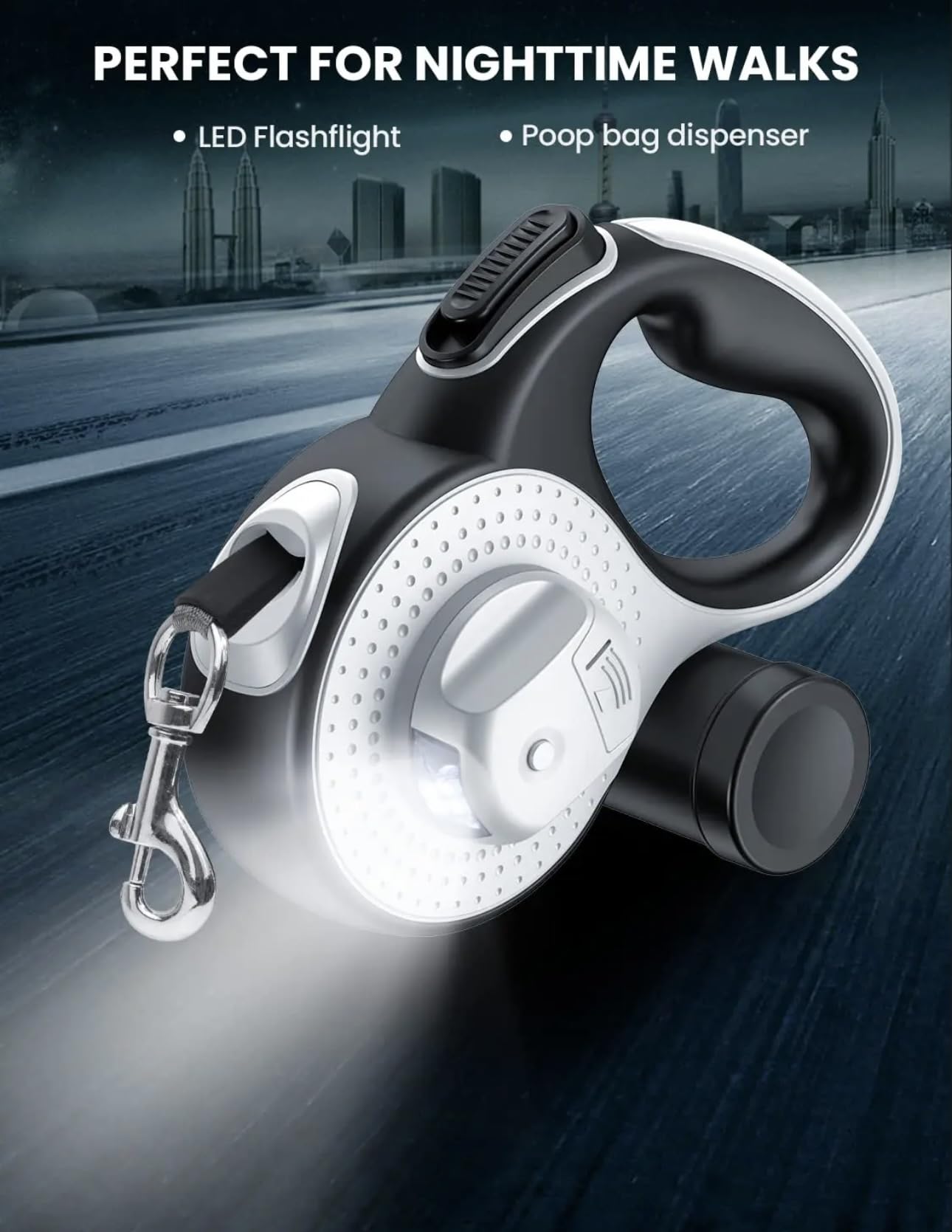 Retractable dog leash anti-slip handle provides secure grip during jogs.