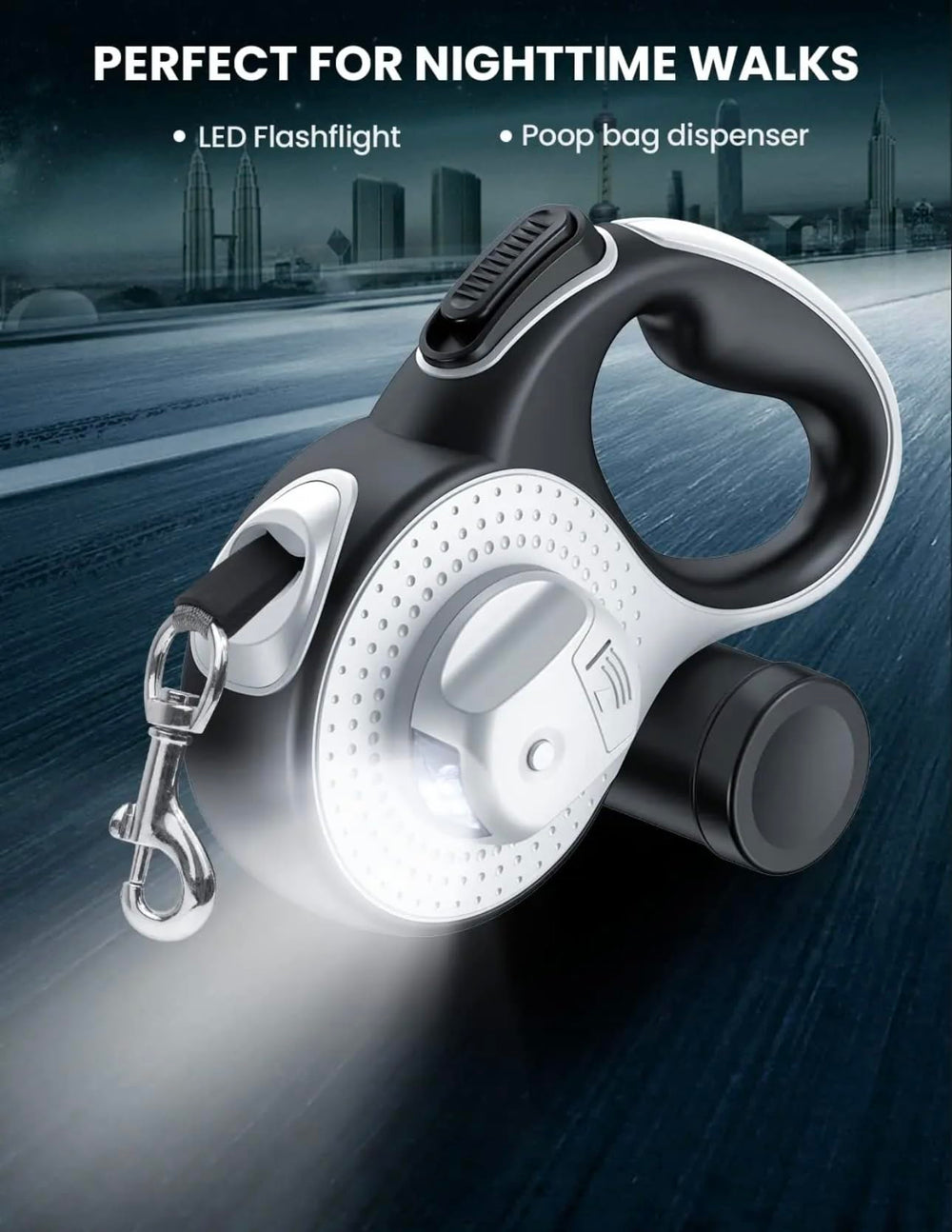 Retractable dog leash anti-slip handle provides secure grip during jogs.