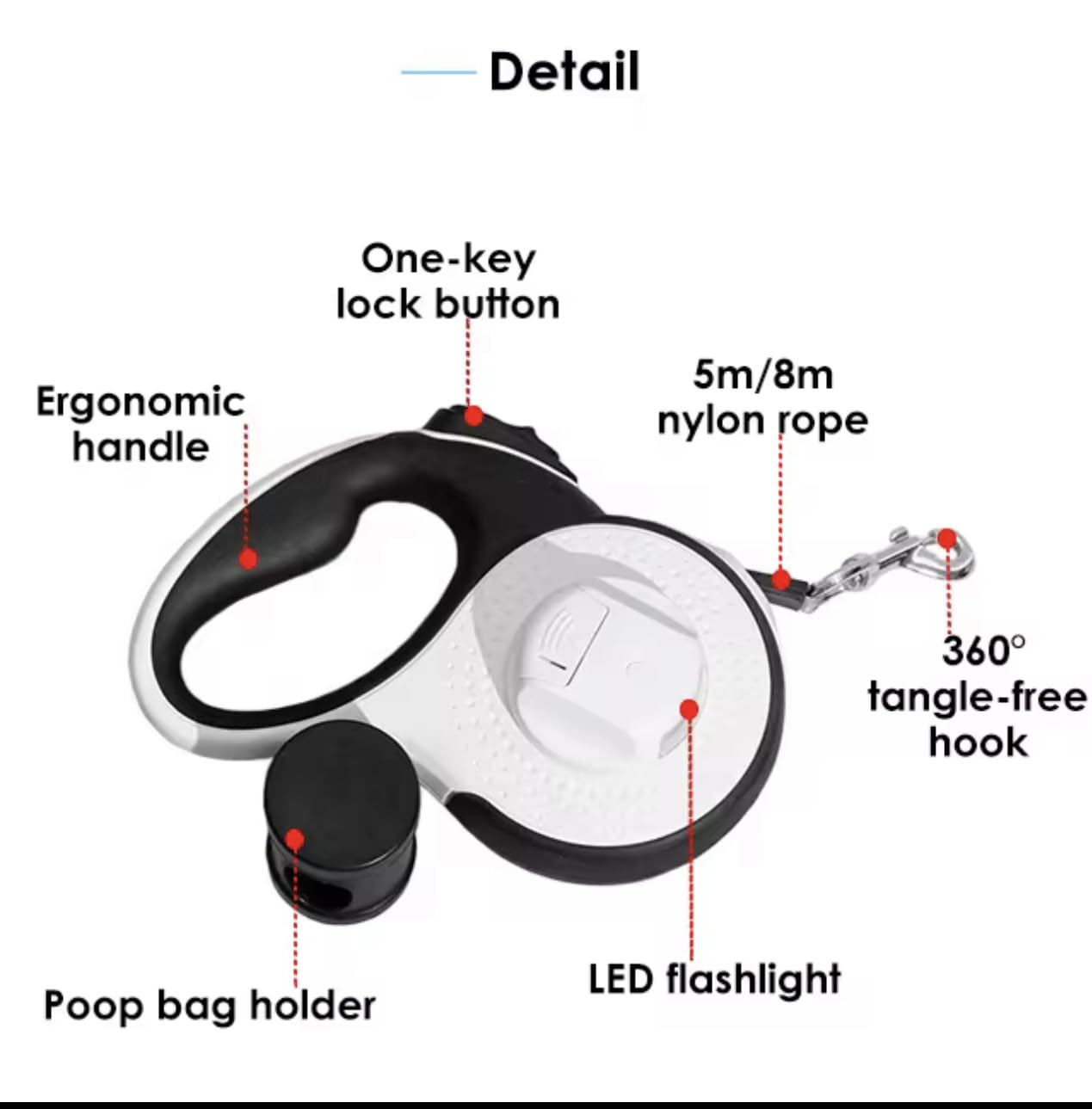 Retractable dog leash reflective trim enhances visibility during nighttime strolls.