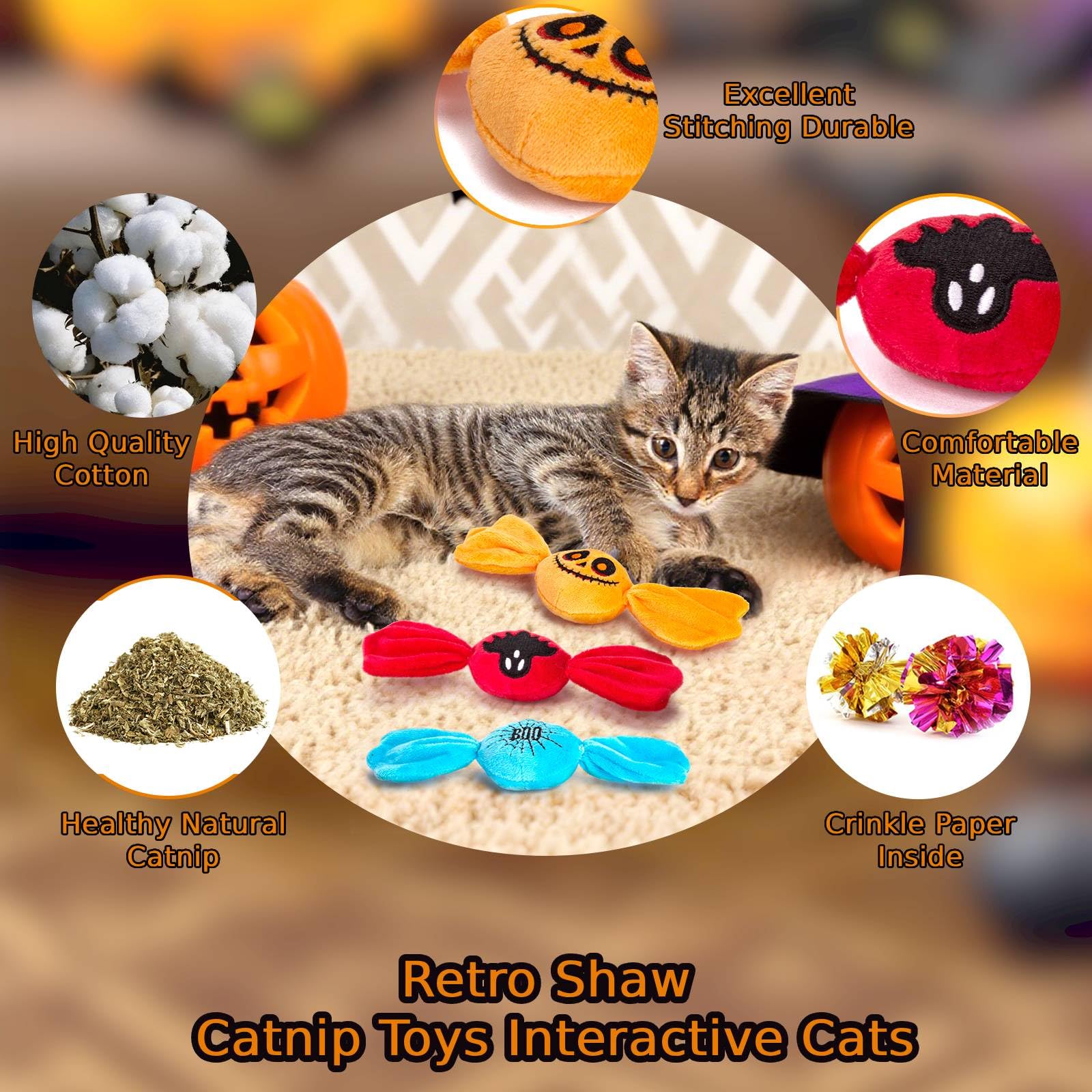 Retro Shaw candy catnip toys with crinkle layer invite playful exercise and curious pounces.