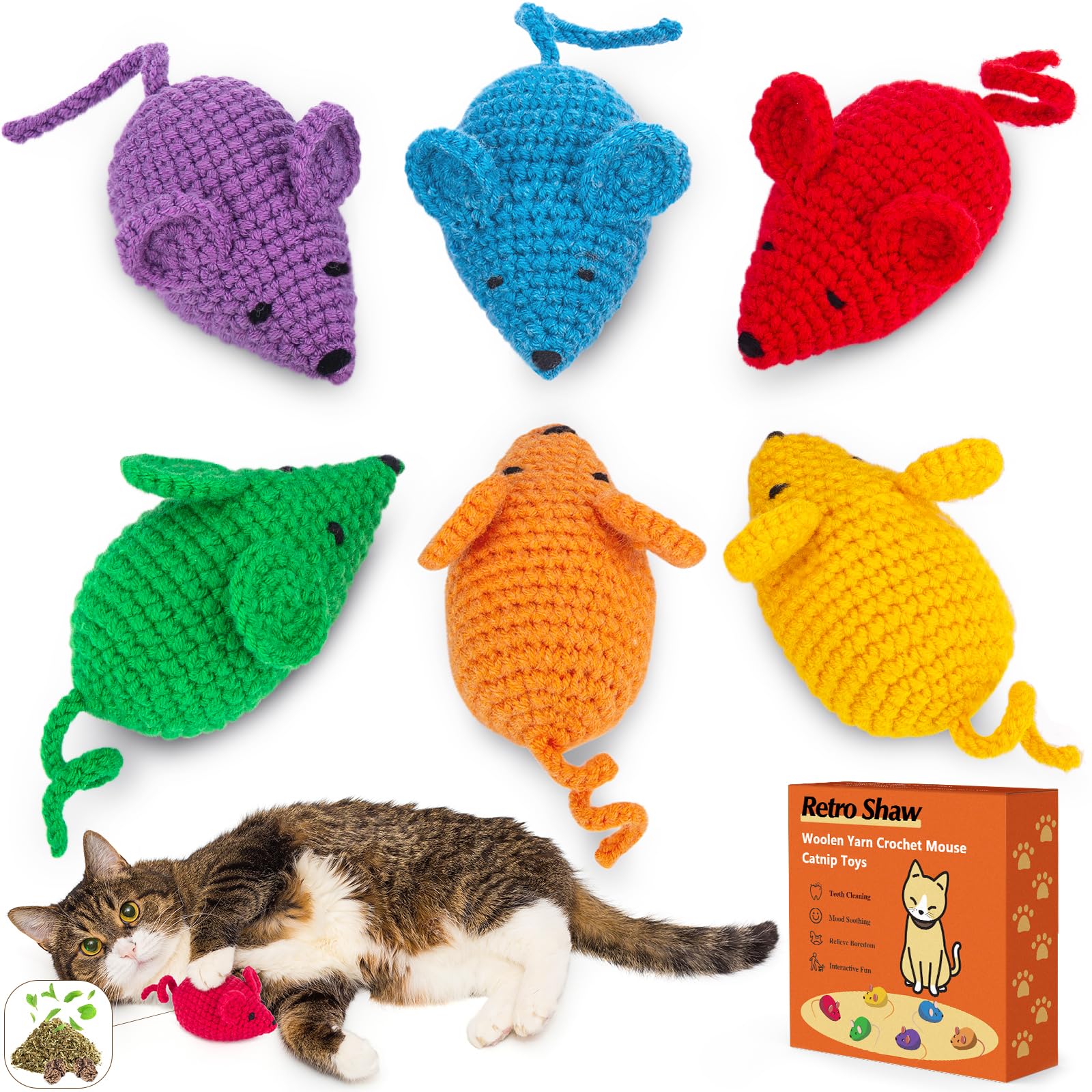 Retro Shaw catnip crochet mouse front view ideal for interactive indoor play
