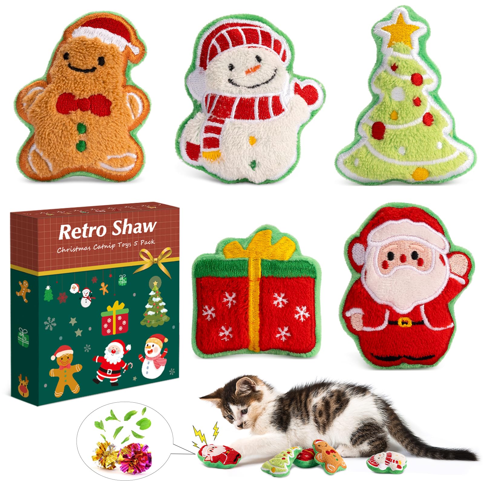 Retro Shaw Christmas cat toys Santa Claus plush promotes active play and batting fun.