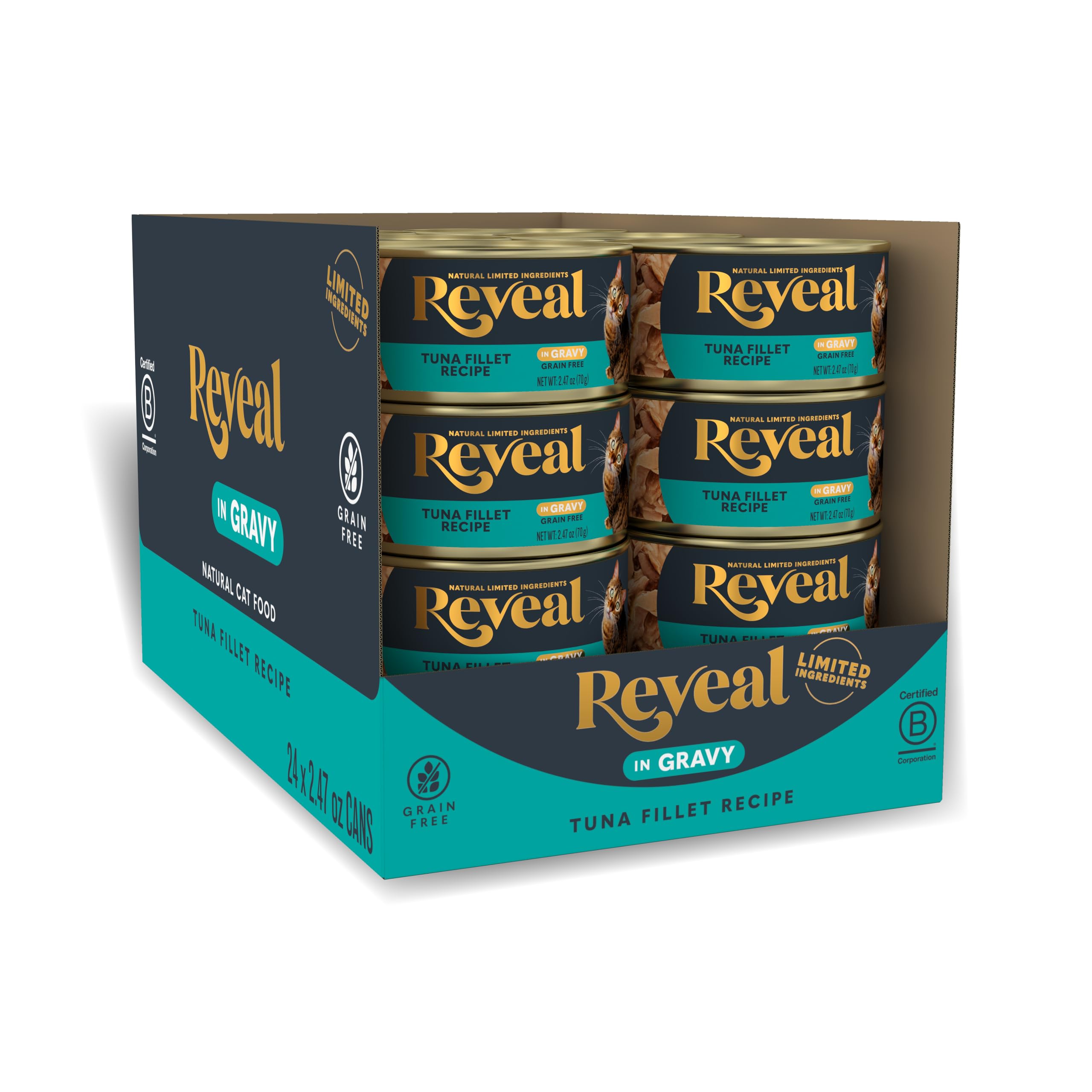 Reveal natural wet cat food cans with tuna in gravy showing a protein-rich meal