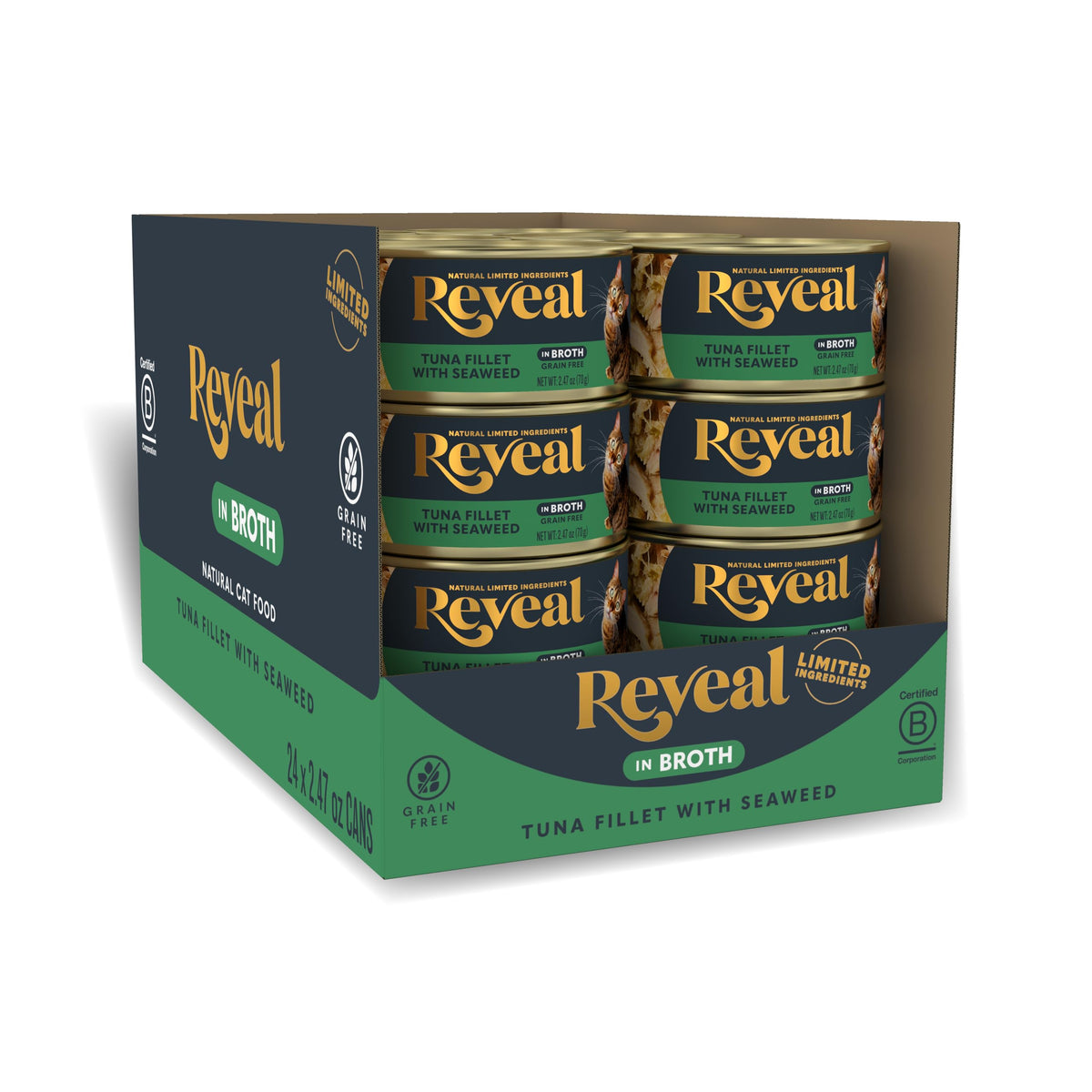 Reveal tuna-seaweed-broth-can-01 shows high-protein dinner for cats.