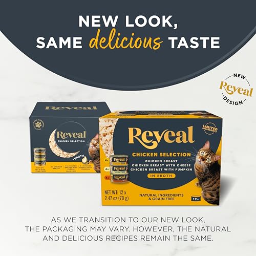 Reveal wet cat food real-chicken-breast-with-cheese can—palatable, limited-ingredient option.