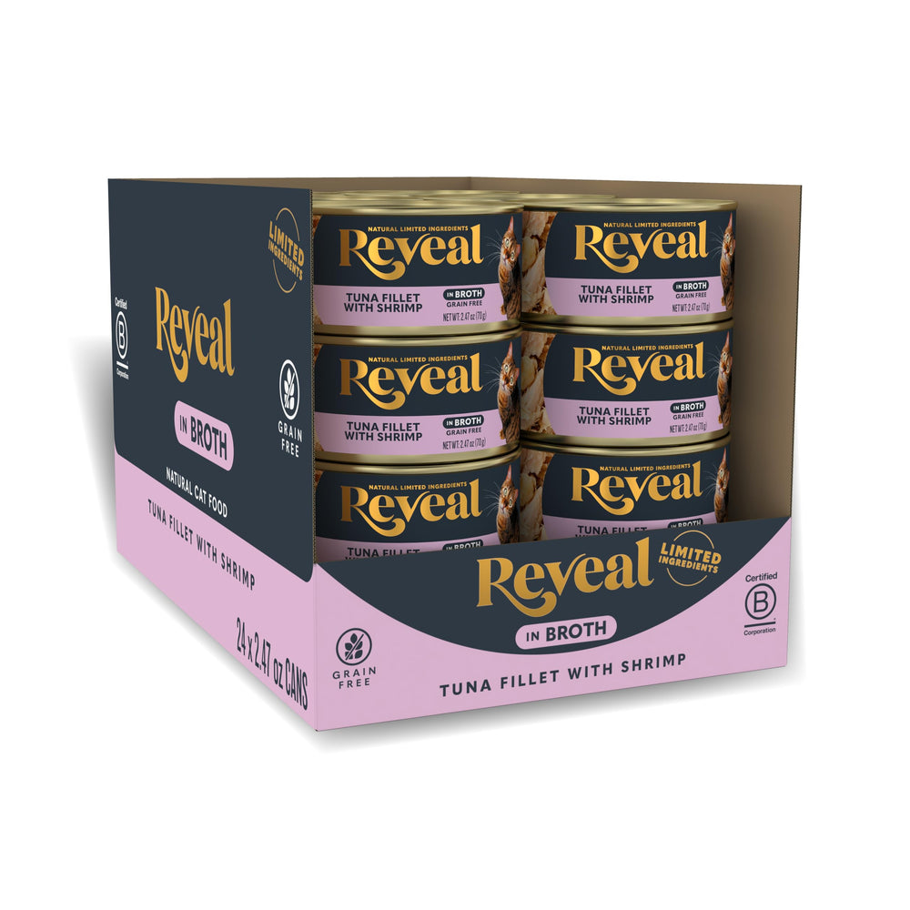 Reveal tuna-shrimp-broth-can close-up shows protein-rich wet food