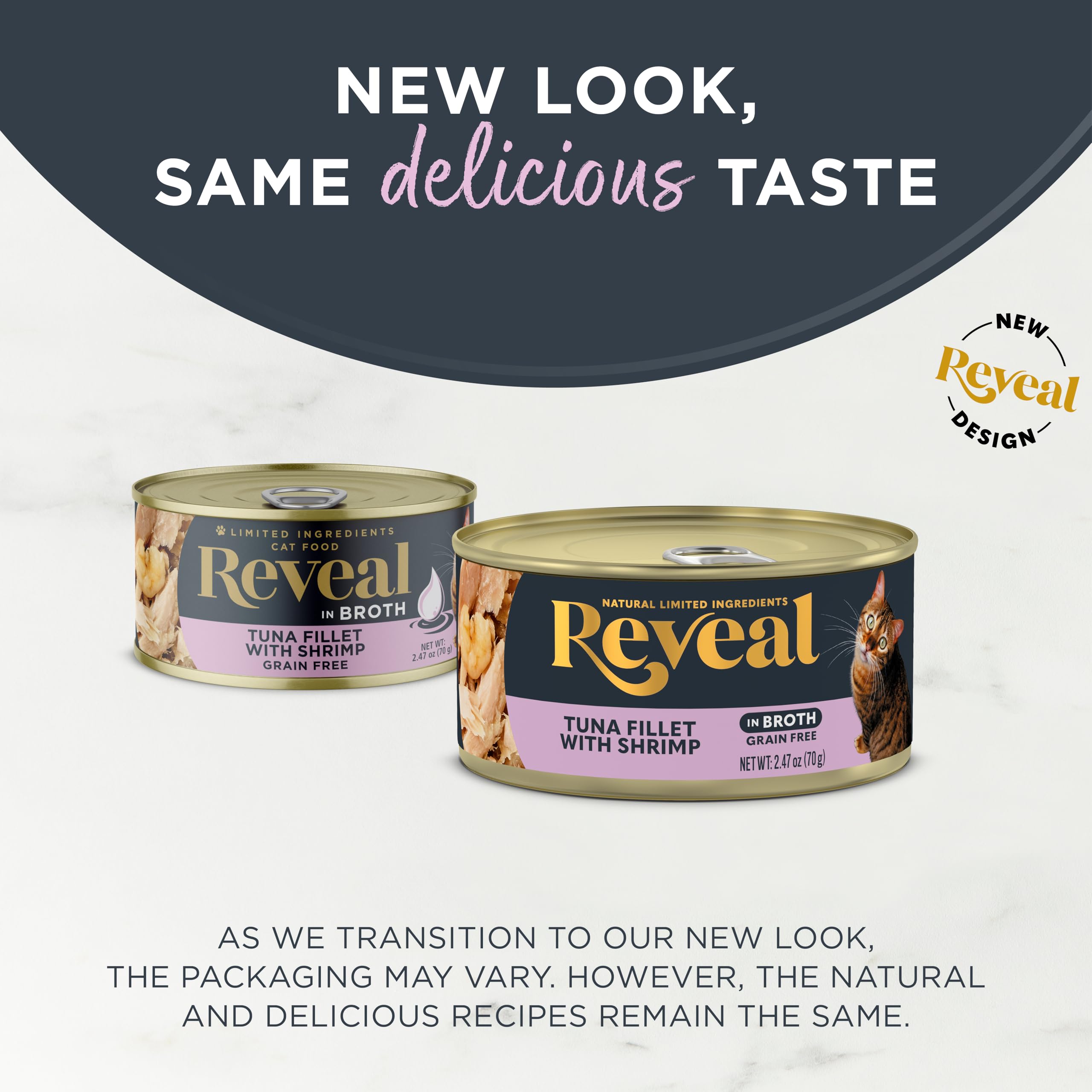 Reveal tuna-shrimp-broth-can stacked cans highlight convenient 24-pack